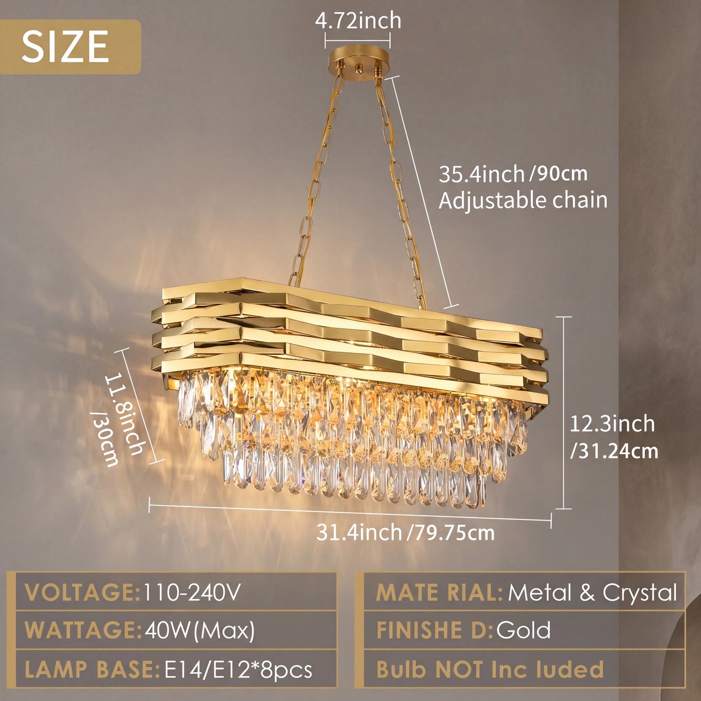 Modern Luxury K9 Crystal Chandelier 8 Light Adjustable Chain Fixture
