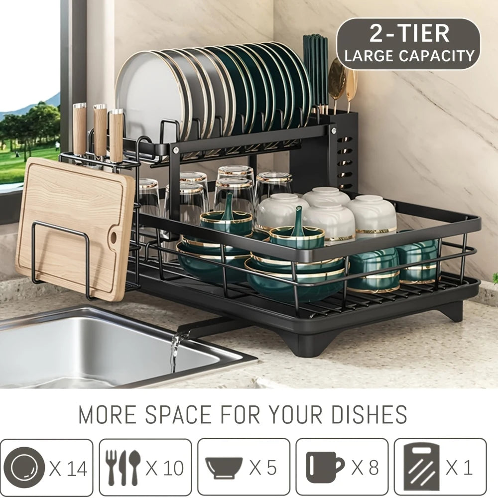 2-Tier Dish Drying Rack Rustproof With Utensil Holder And Cutting Board Stand