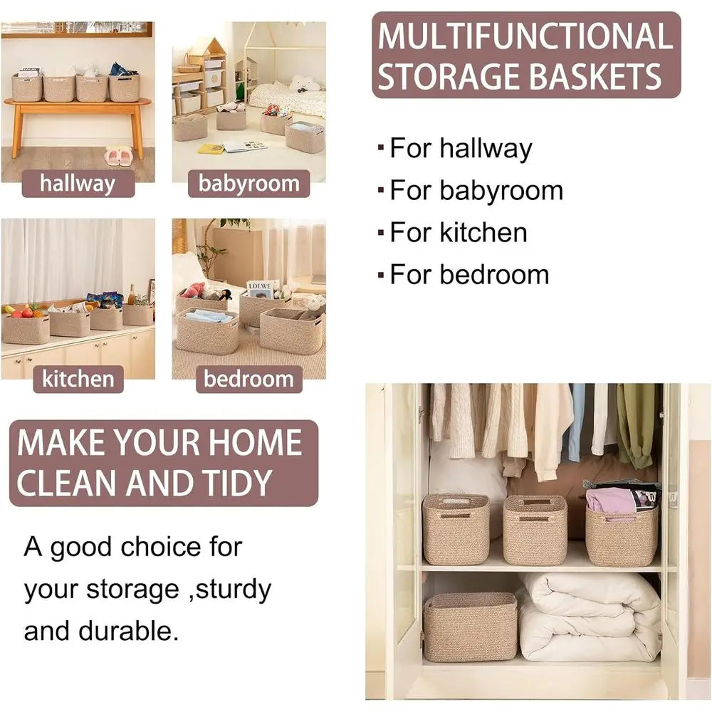 4 Pack Cotton Rope Storage Baskets With Handles For Shelves
