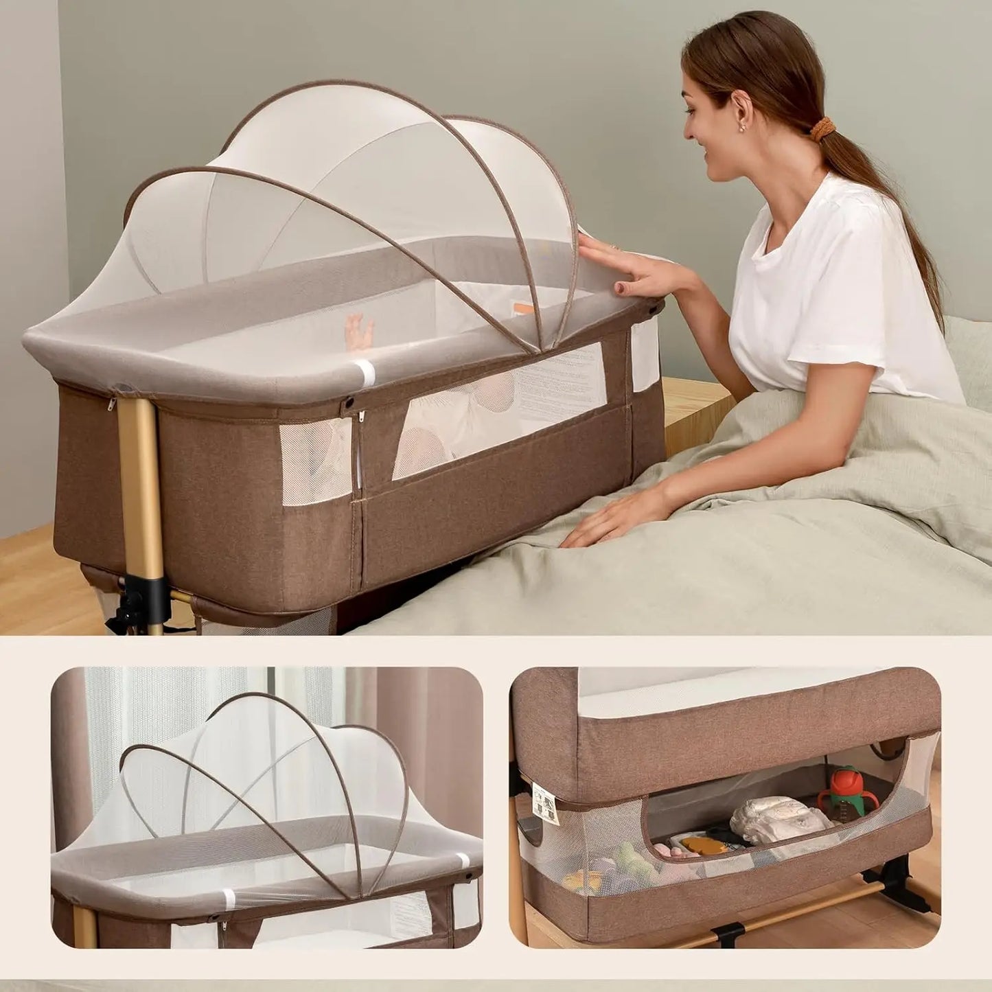 Adjustable Portable Baby Crib With Bassinet Mosquito Net Mattress