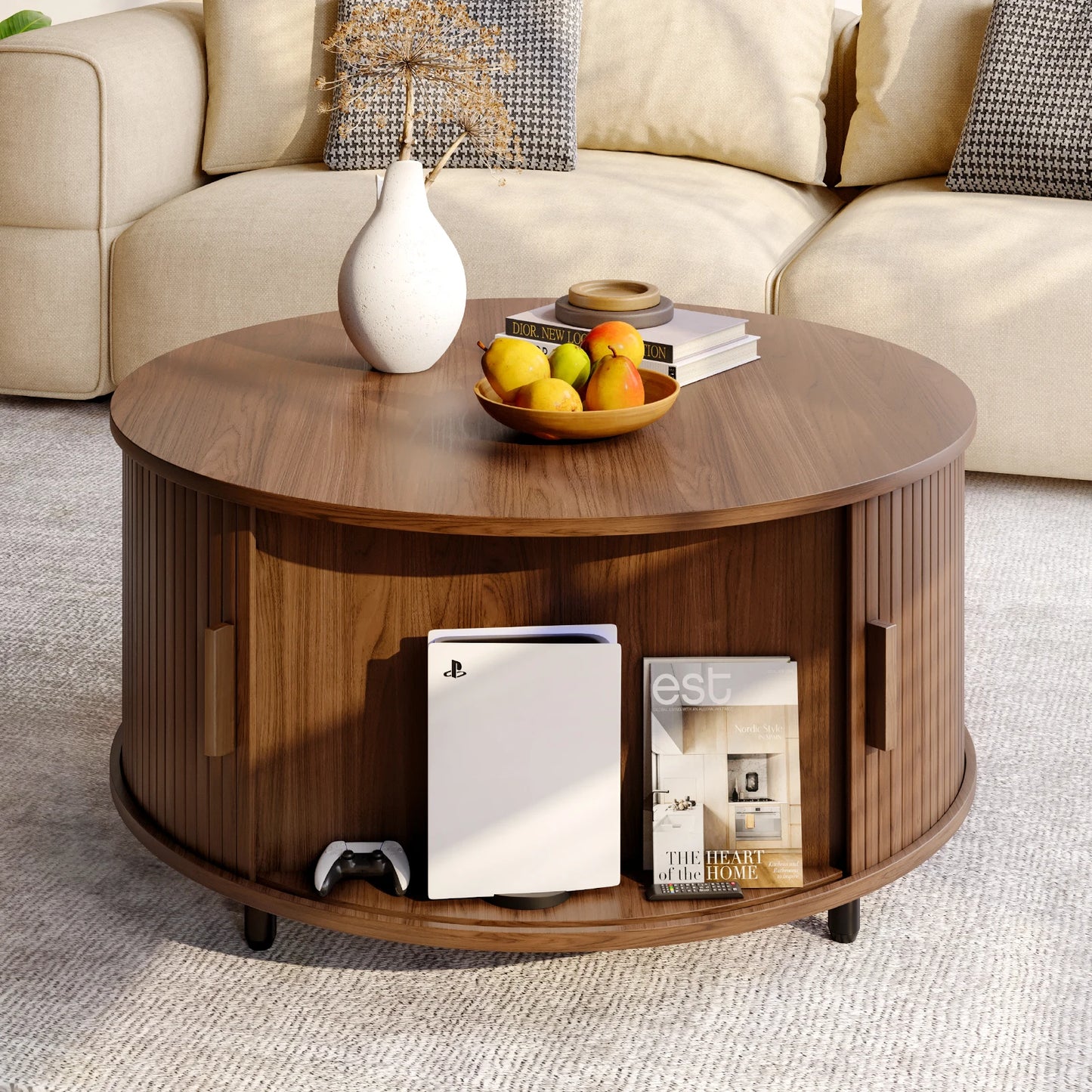 ONBRILL Modern Round Coffee Table With Storage And Sliding Door