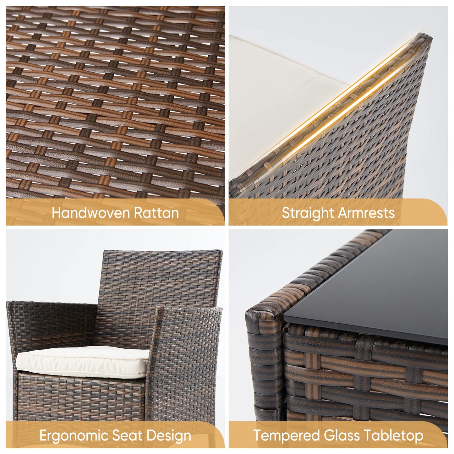 Outdoor Wicker Rattan Patio Set 3 Pieces With Glass Table