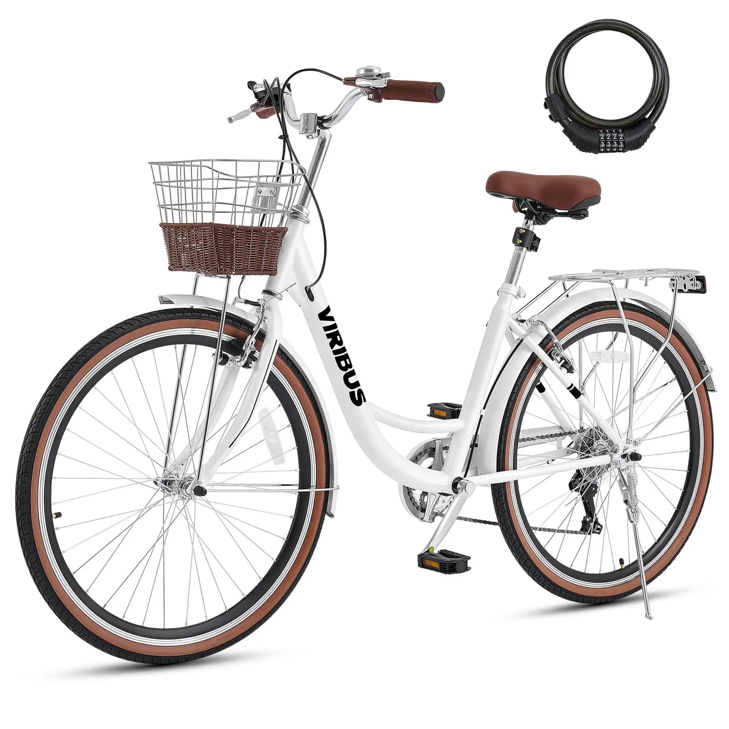 VIRIBUS Womens Cruiser Bike 7 Speed With Rattan Basket