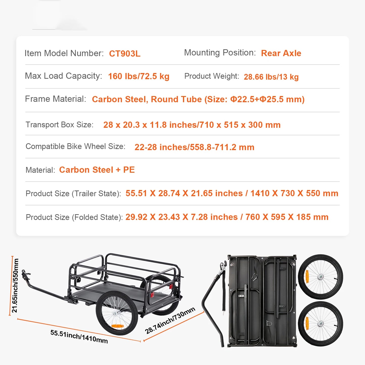 Foldable Bike Cargo Trailer 160 Lb Capacity With Universal Hitch
