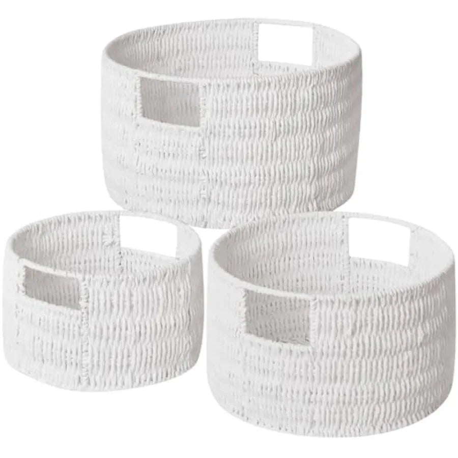 Wicker Storage Basket Set 3 Pack Handwoven Rope Baskets With Handles