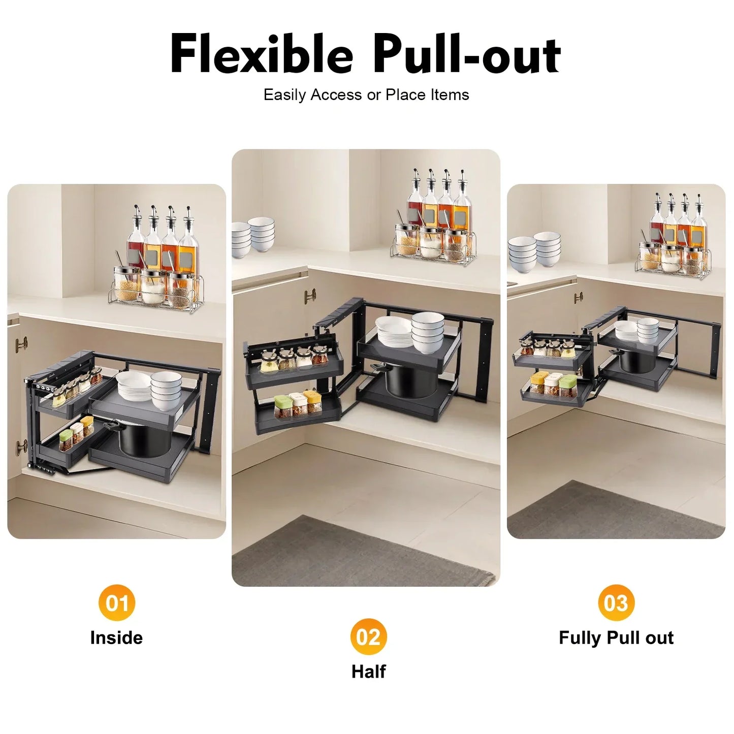 Two Tier Corner Cabinet Pull Out Organizer With Detachable Shelves