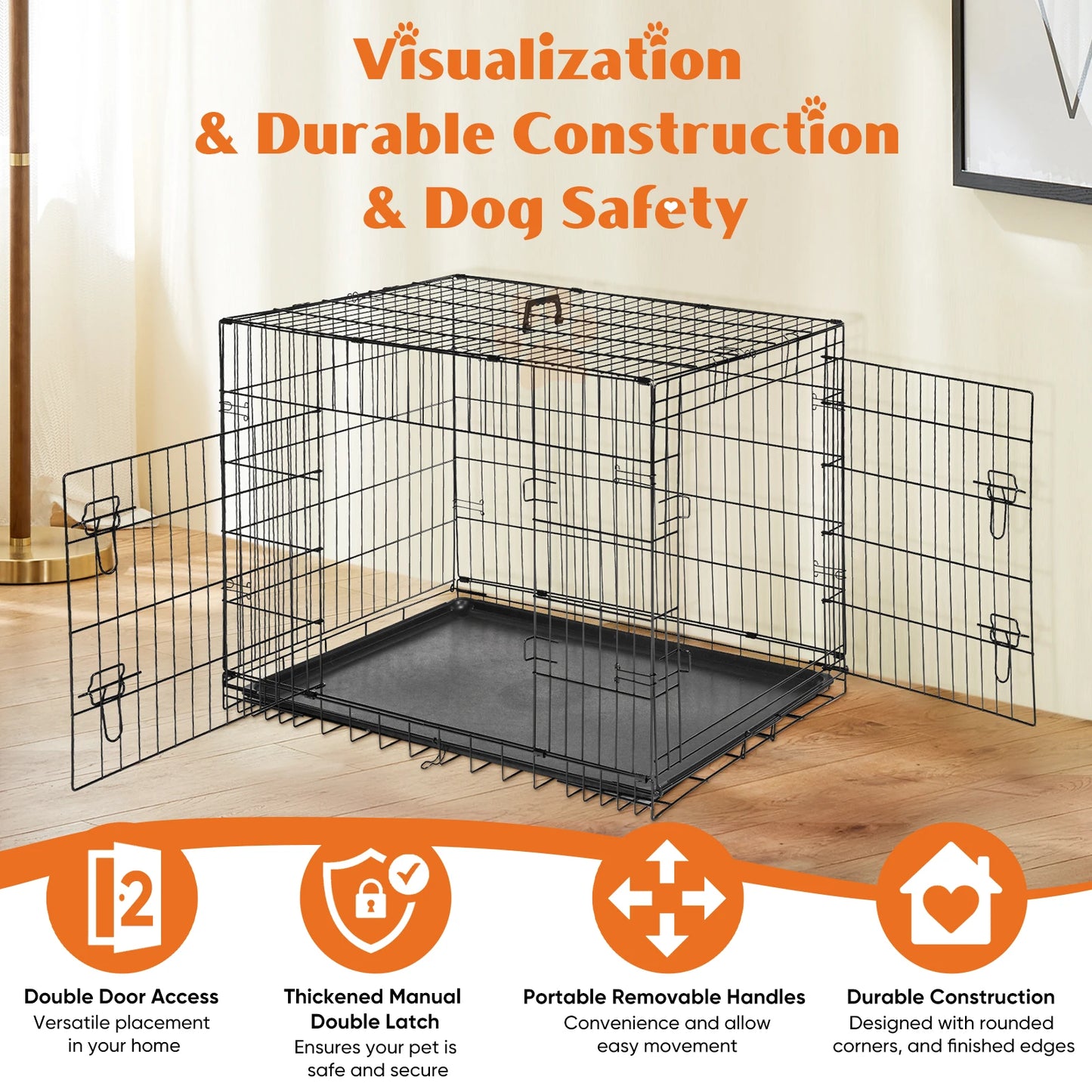 JHK Double Door Folding Metal Wire Dog Cage With Plastic Leak Proof Pan Tray