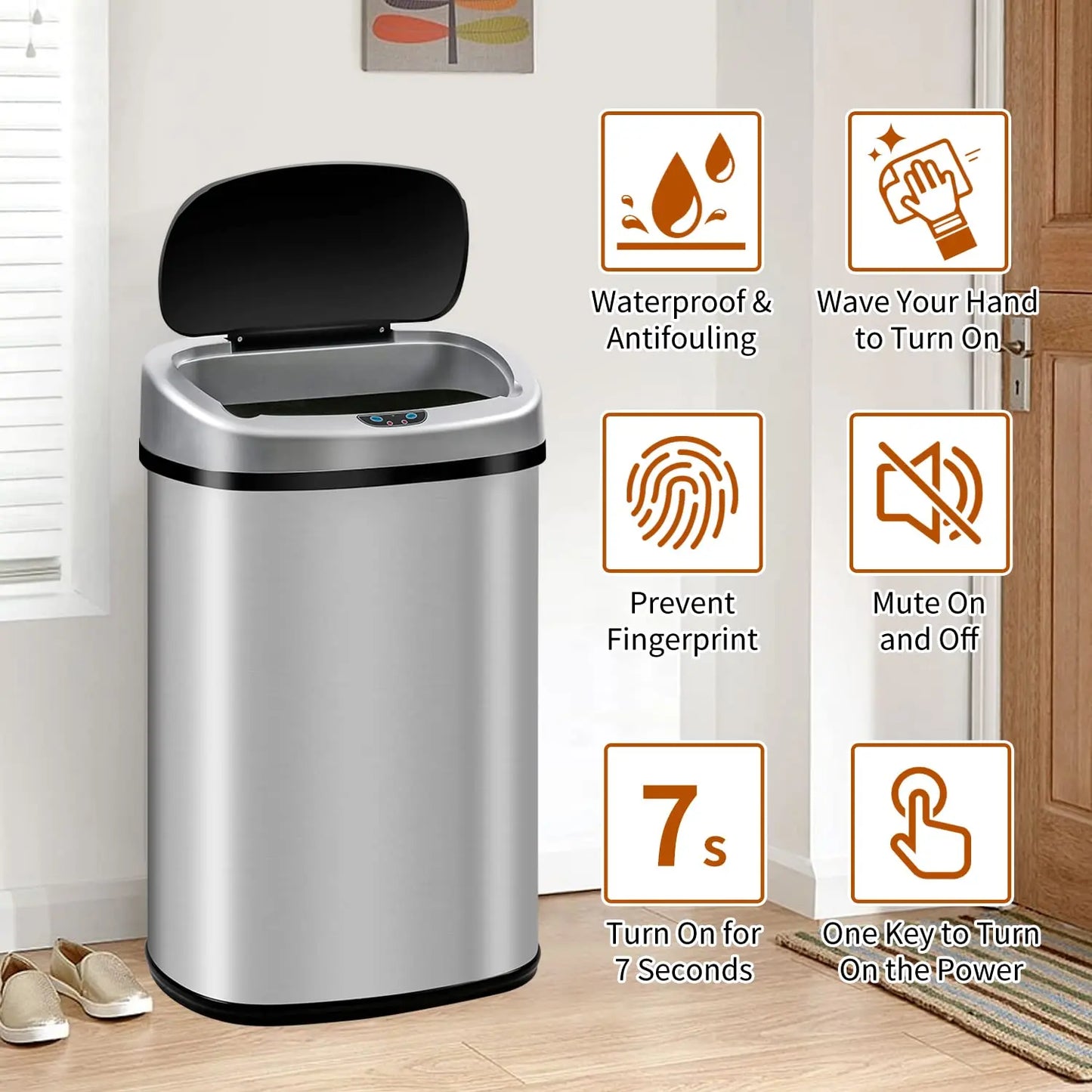 Stainless Steel Motion Sensor Trash Can With Touchless Operation