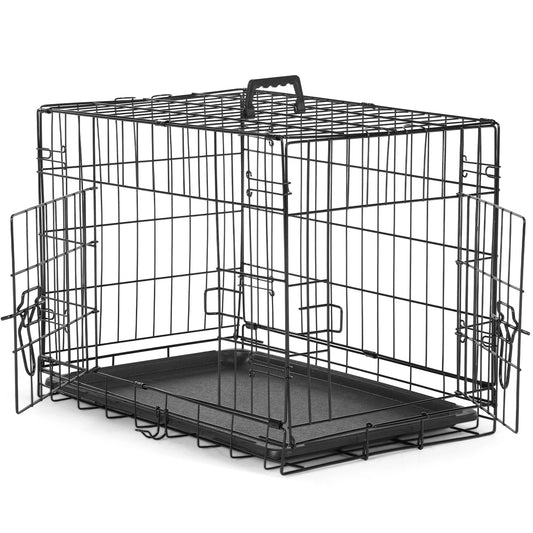 JHK Double Door Folding Metal Wire Dog Cage With Plastic Leak Proof Pan Tray