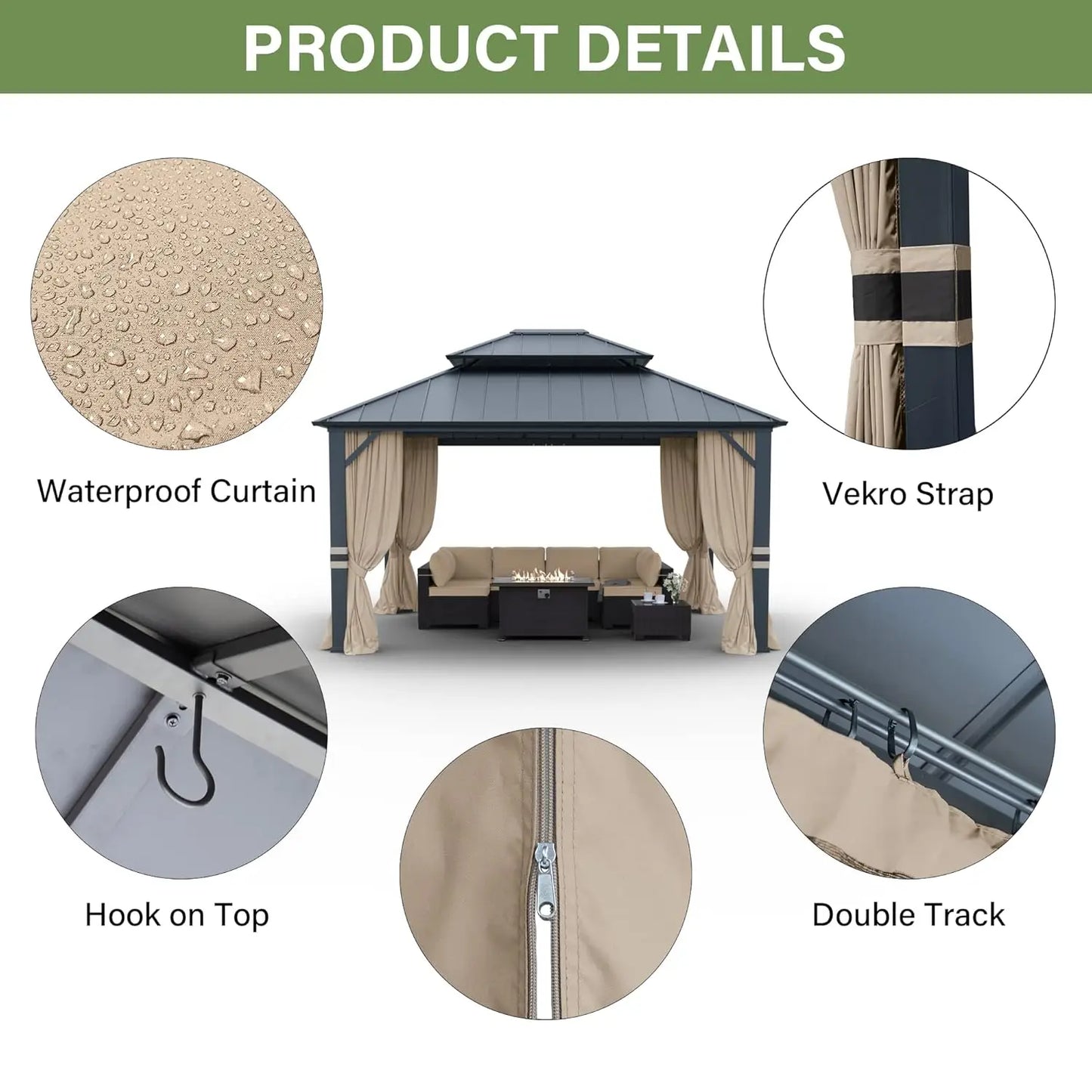 Hardtop Gazebo Steel Frame With Curtains And Netting For Patio