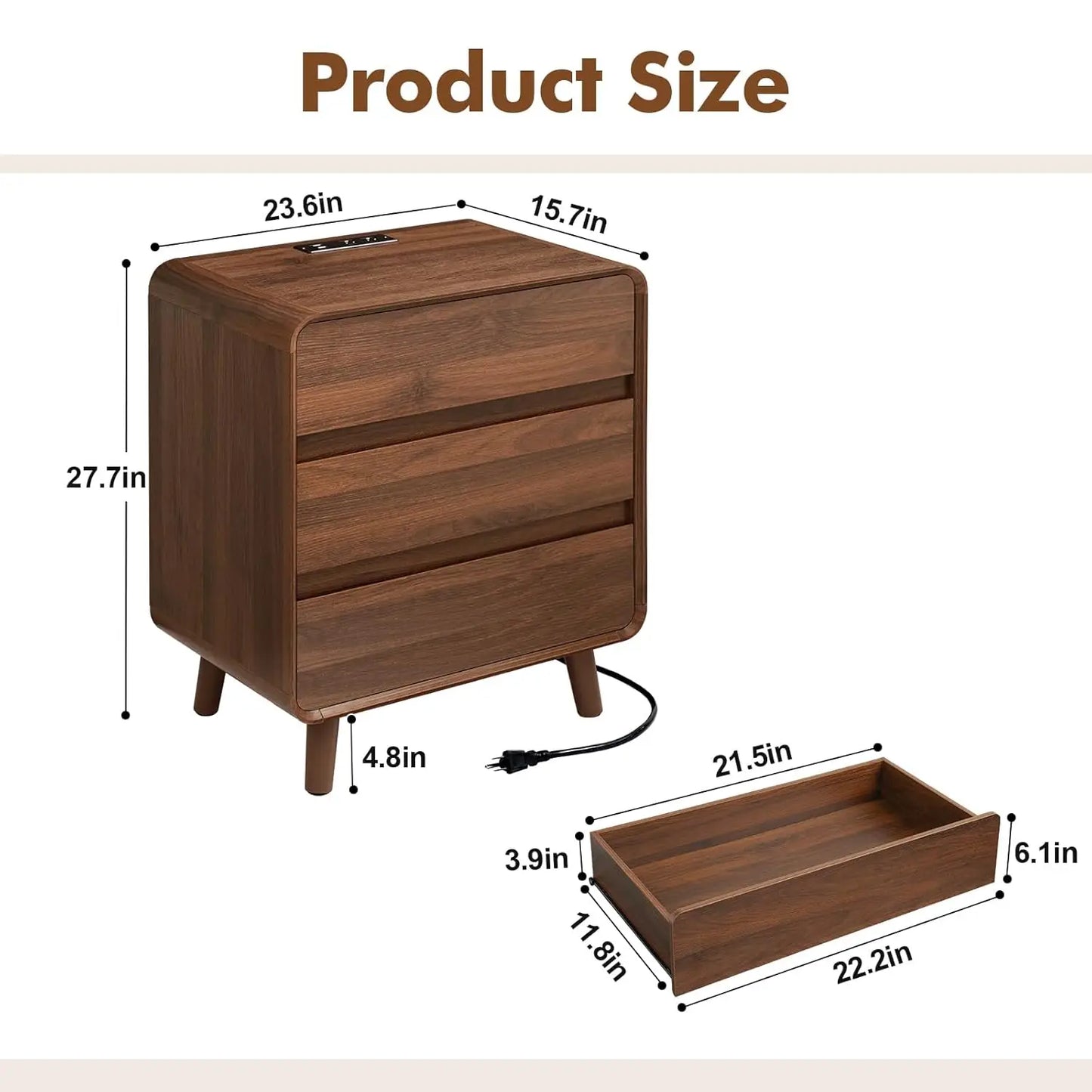 3 Drawer Nightstands Set Of 2 With Charger Station