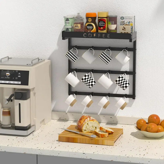 XMSJ Mug Holder Wall Mount With 12 Movable Hooks And Top Shelf