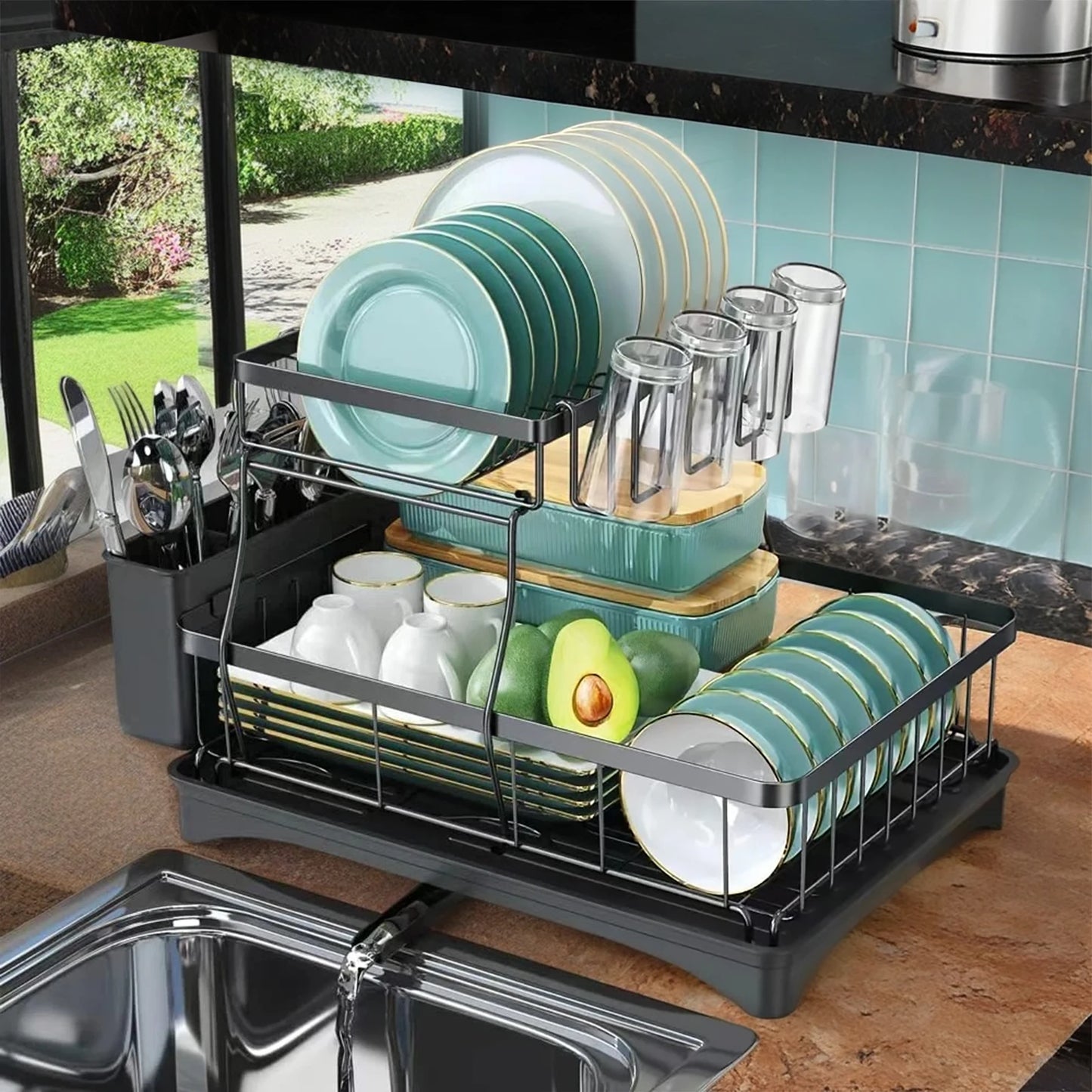 Two Tier Removable Dish Drying Rack For Kitchen Countertop