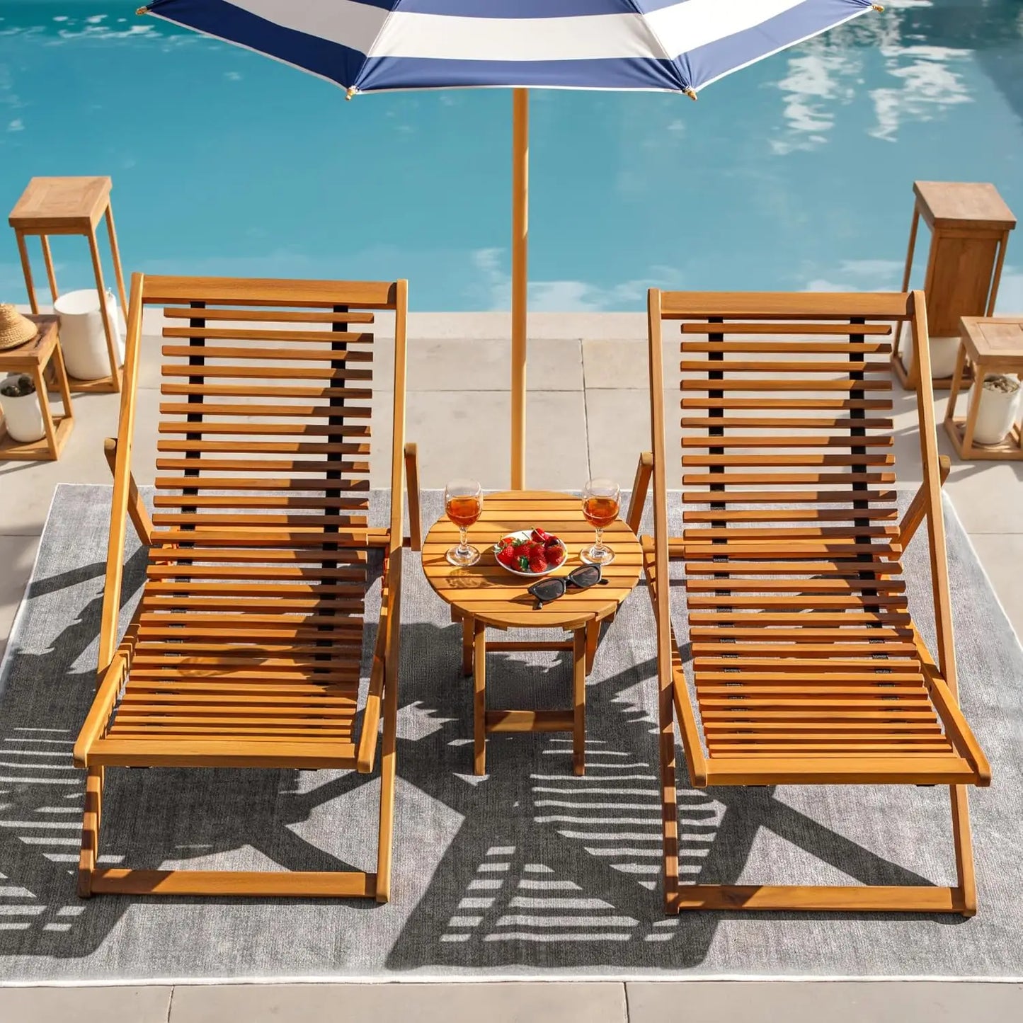 Acacia Wood Patio Set With Adjustable Foldable Two Chairs Table