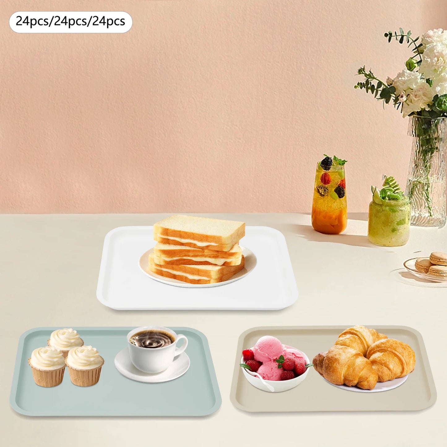 Plastic Rectangle Serving Trays 24 Pack for Fast Food Cafeterias