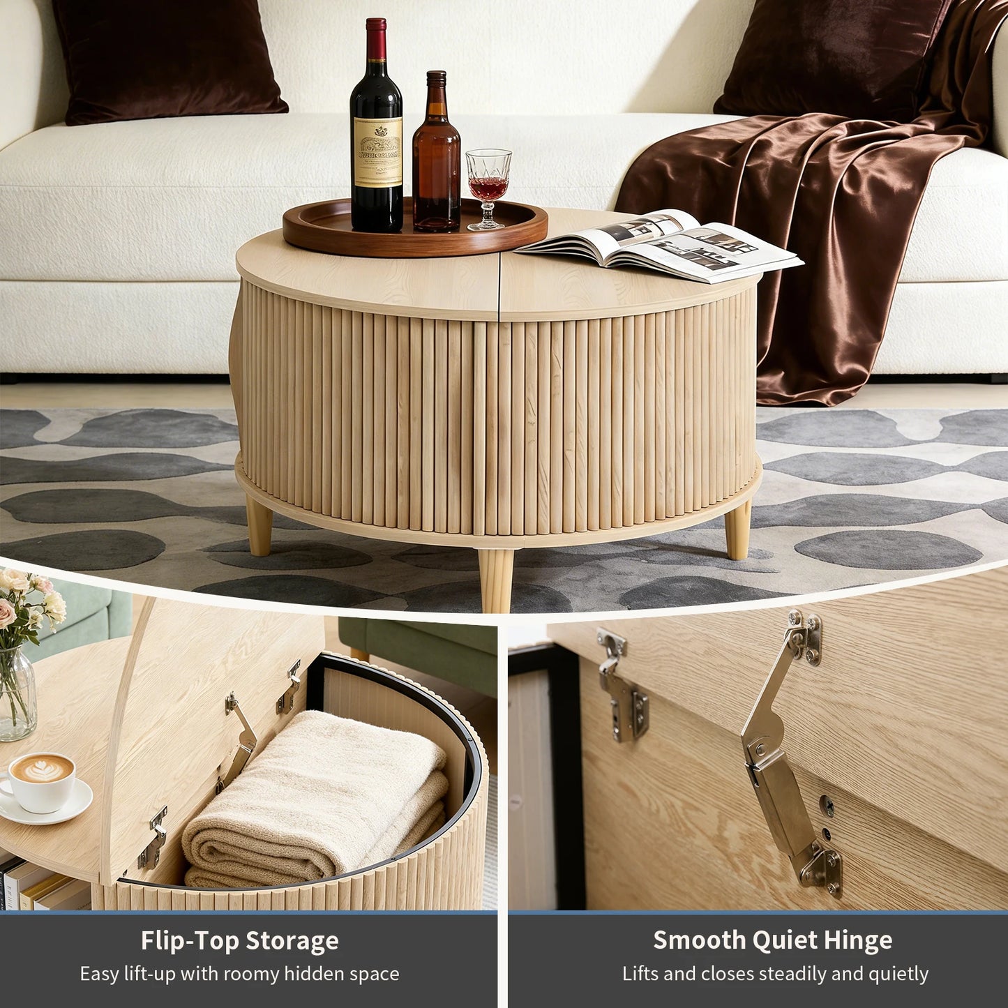 JHK Round Coffee Table With Flip Top Storage Living Room