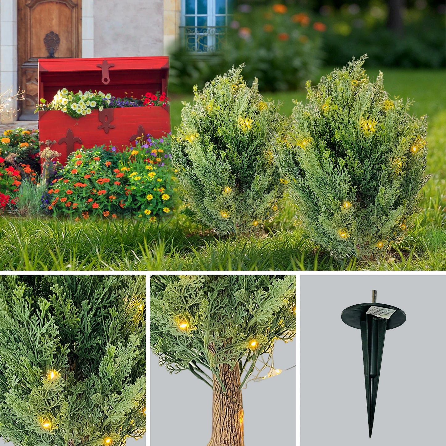 HiMISS Artificial Cedar Plants Faux Trees 2 Pack Outdoor Ground Spikes