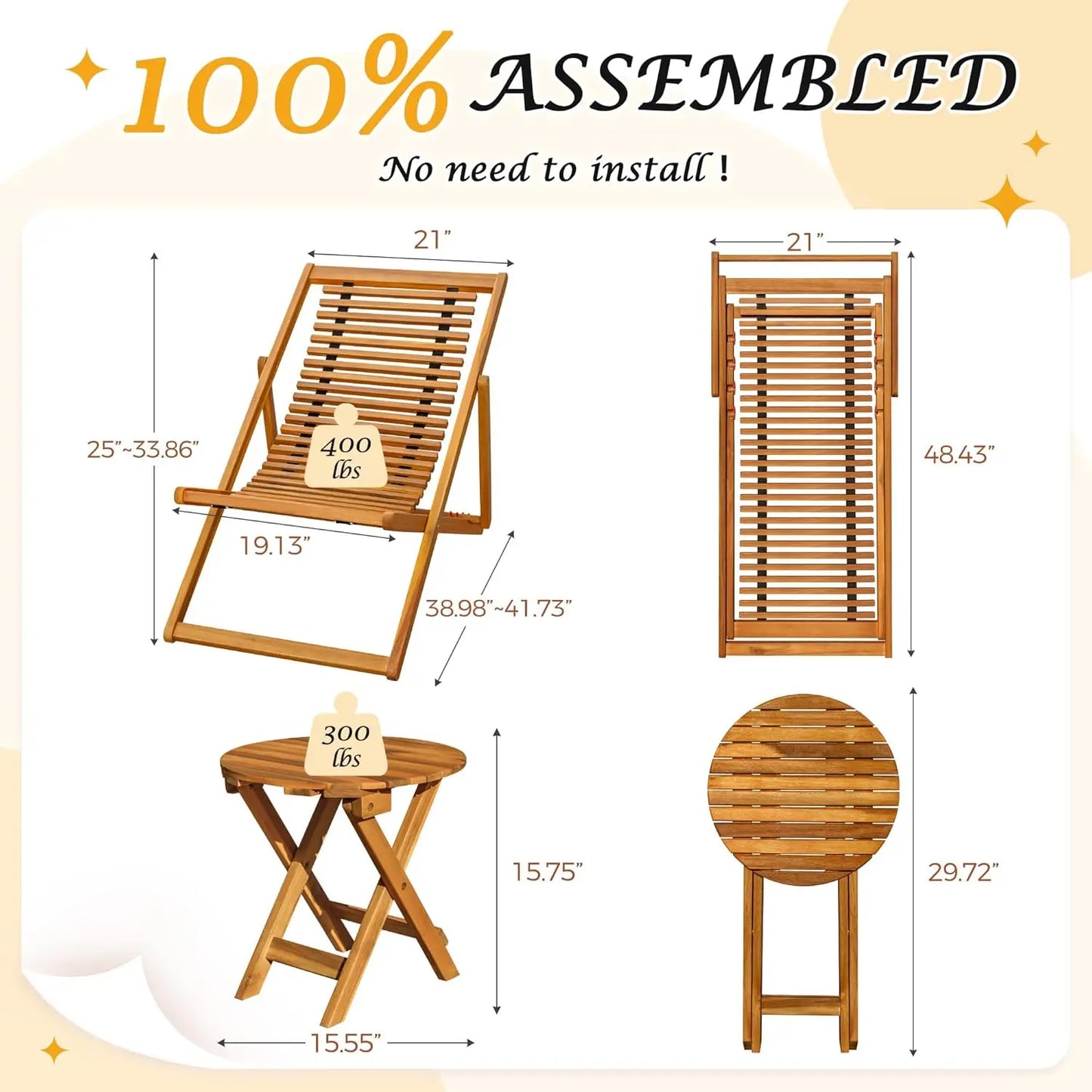 Acacia Wood Patio Set With Adjustable Foldable Two Chairs Table