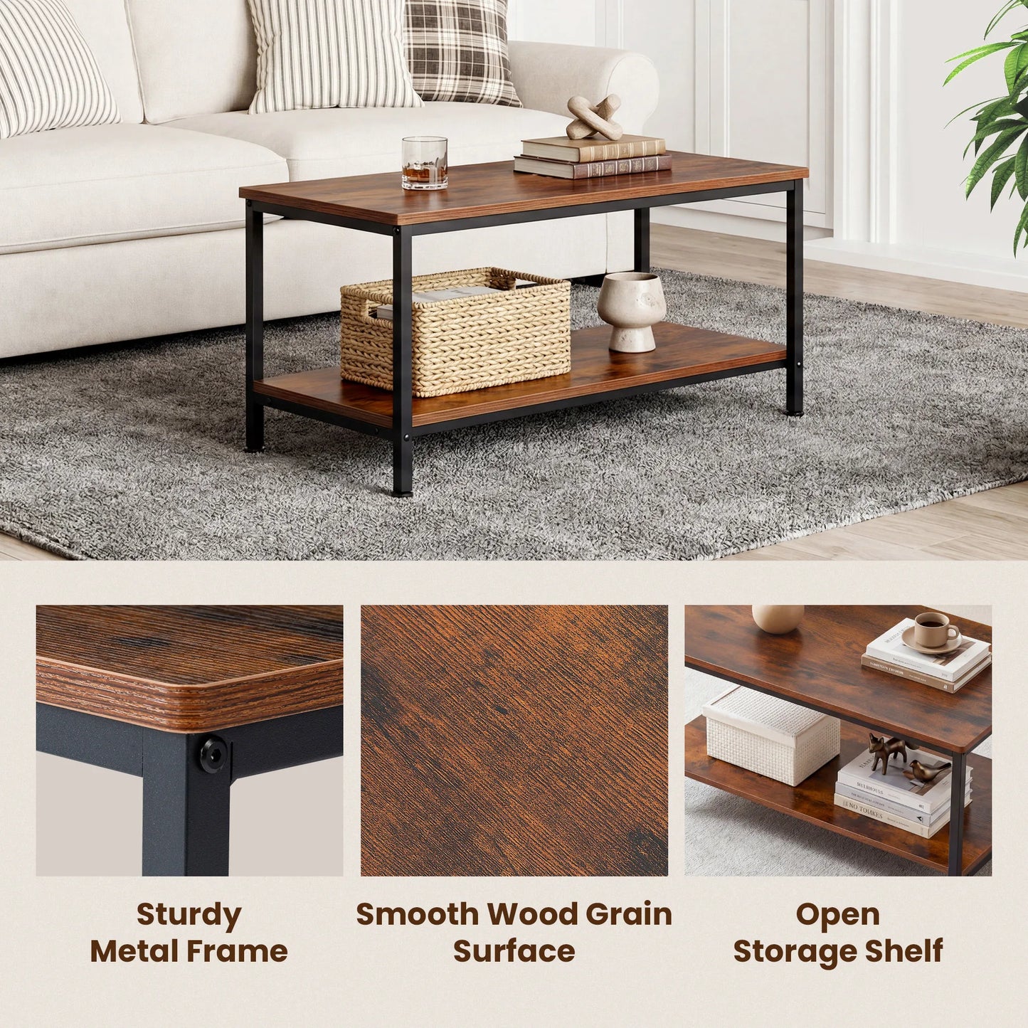 JHK Wood Coffee Table 2 Tier Center Storage Anti Slip