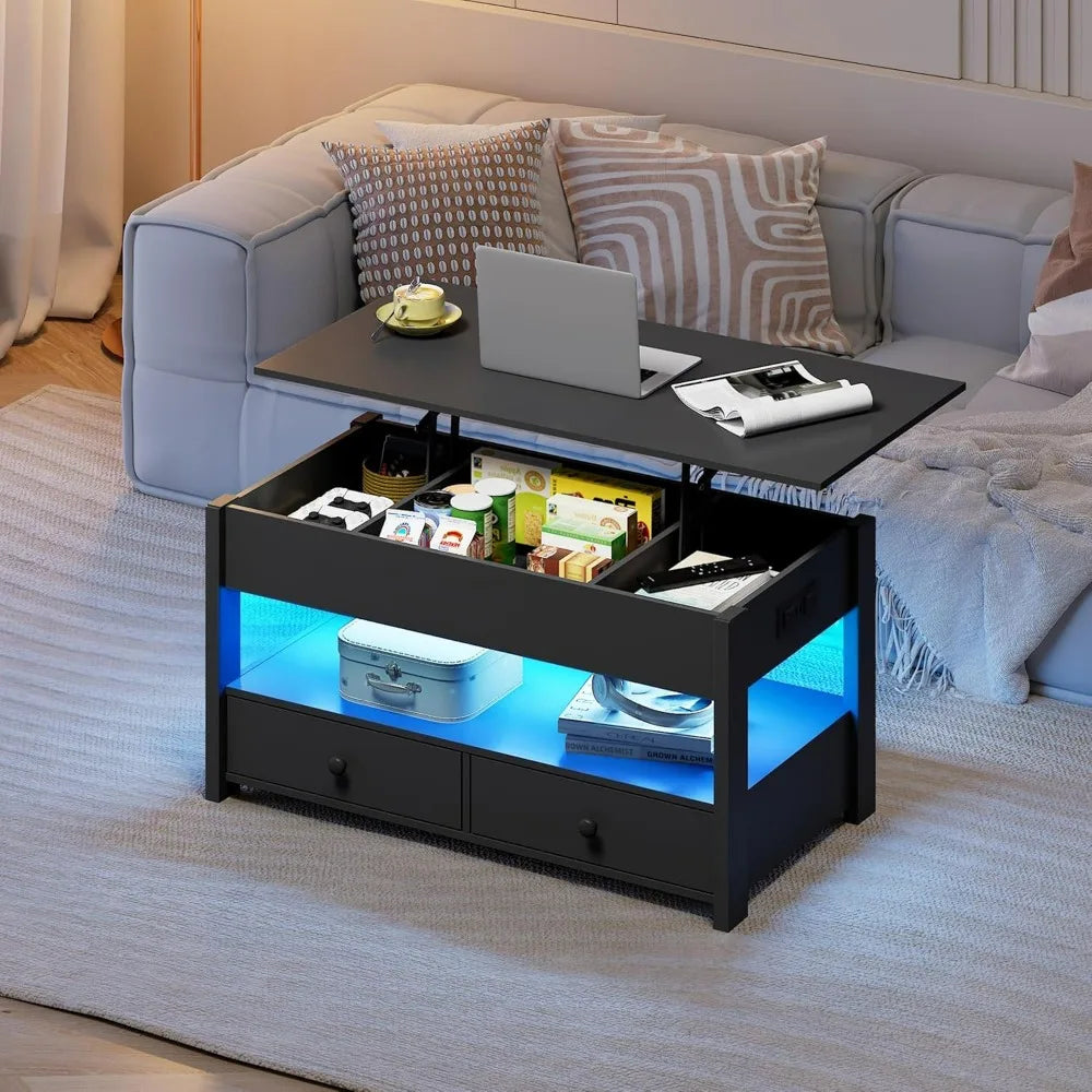 WLIVE Lift Top Coffee Table With 2 Drawers LED Light