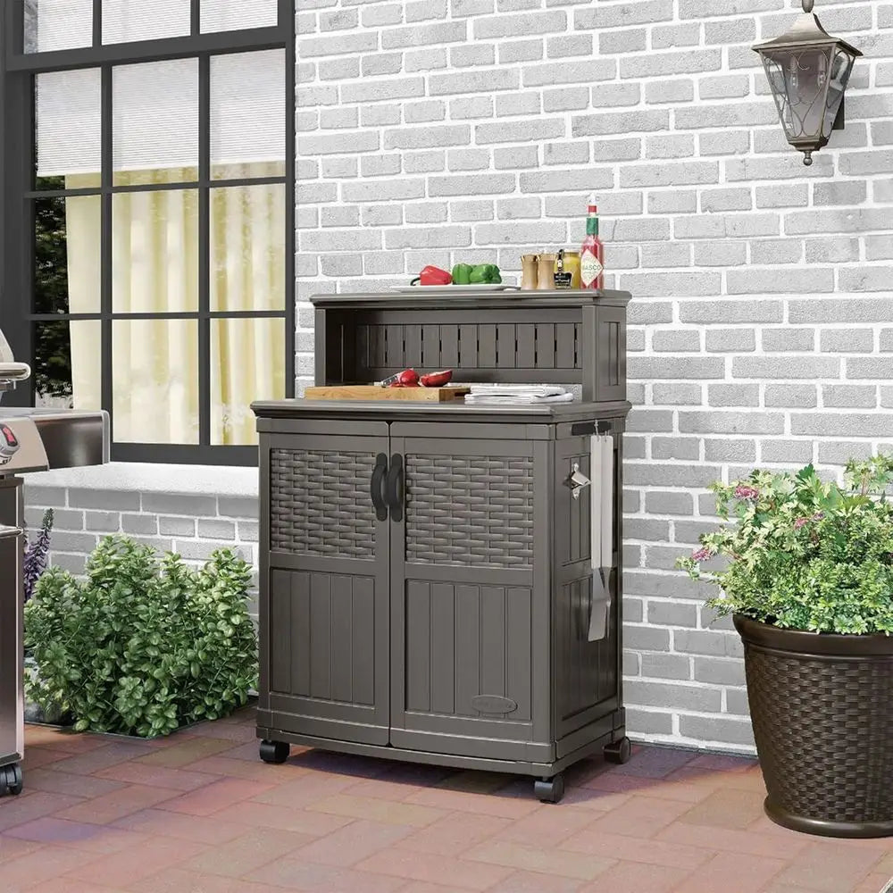 Patio Plastic Storage And Prep Station With Decorative Wicker Pattern