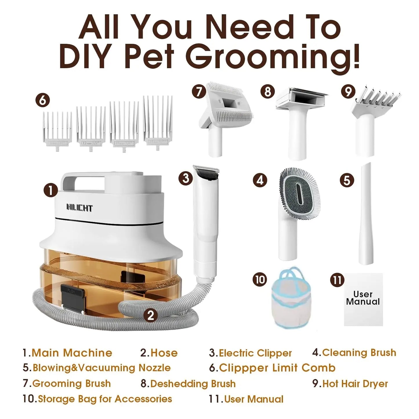 Pet Grooming Vacuum Kit Low Noise With 6 Tools For Dogs And Cats