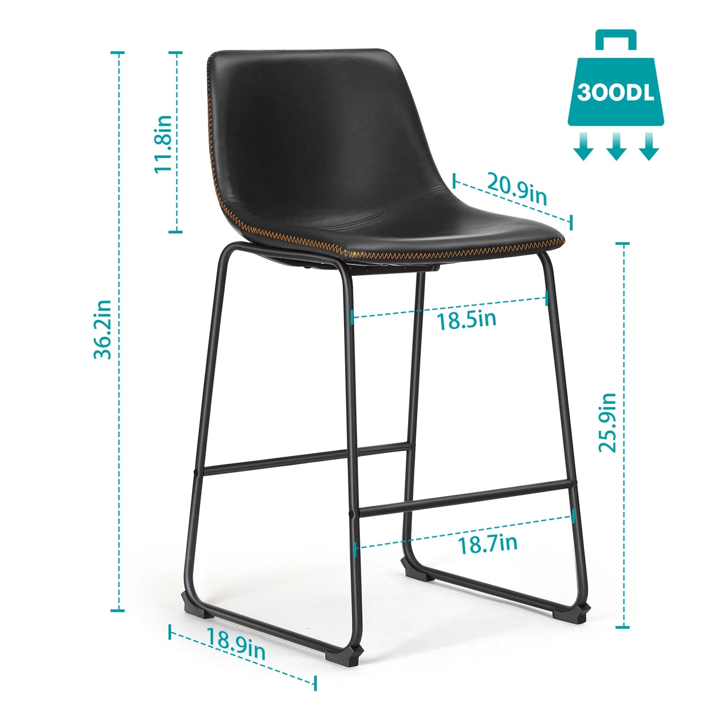 JHK Modern Faux Leather Counter Height Bar Stools Set 2