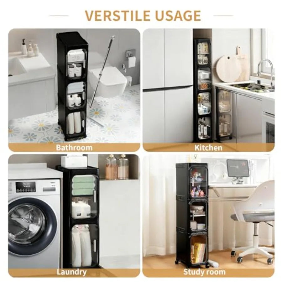 4 Tier Tall Narrow Storage Cabinet With Adjustable Shelves And Wheels