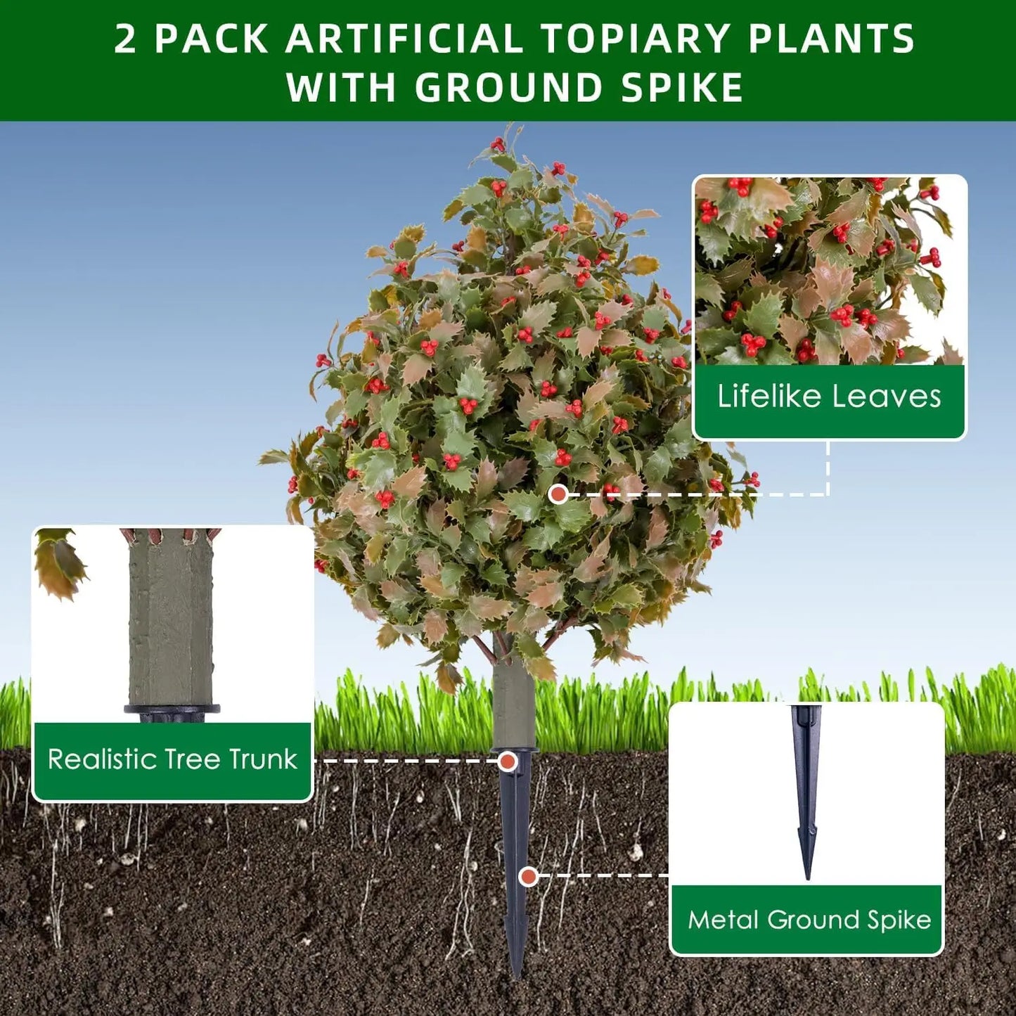 HiMISS Boxwood Topiary Ball Trees 2 Pcs Ground Spikes