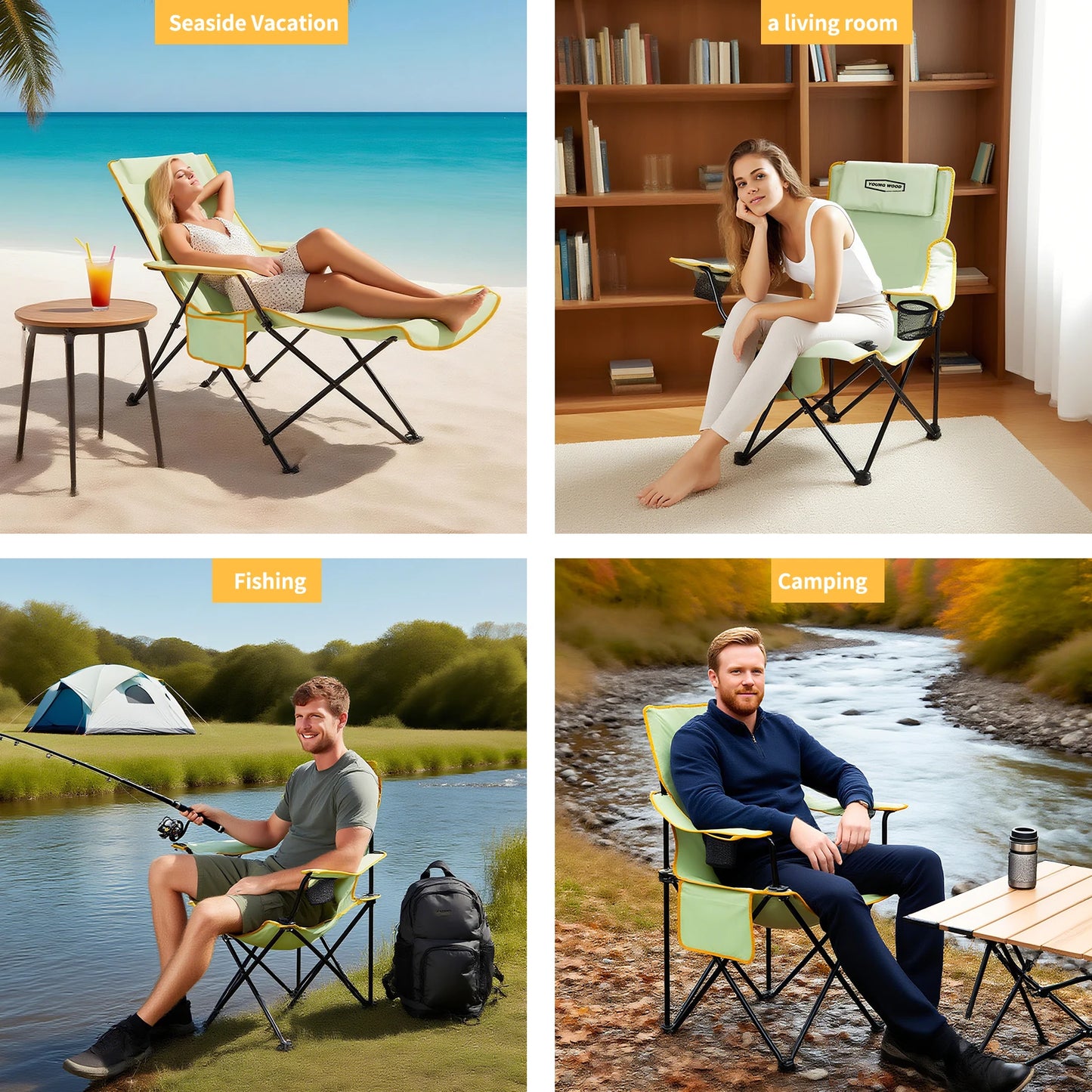 GERC Foldable 2-In-1 Reclining Camping Chair With Footrest Cup Holder