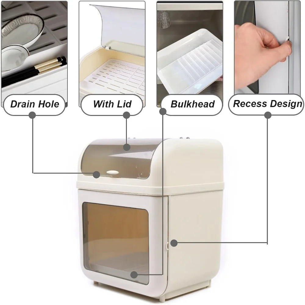 Two Tier Dish Drying Rack With Lid And Removable Drip Tray PP Plastic