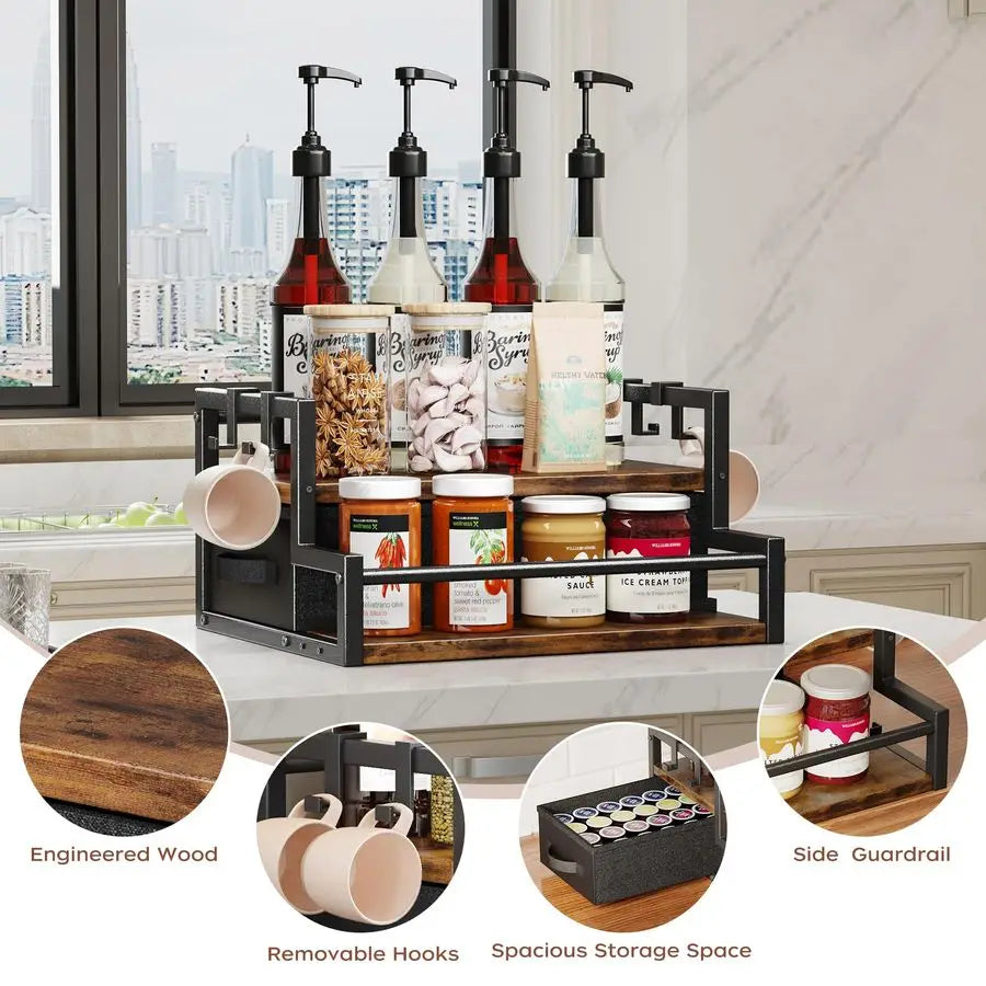 XMSJ Syrup Organizer Rack 2 Tier Coffee Bar Accessories Bottle Holder Drawer