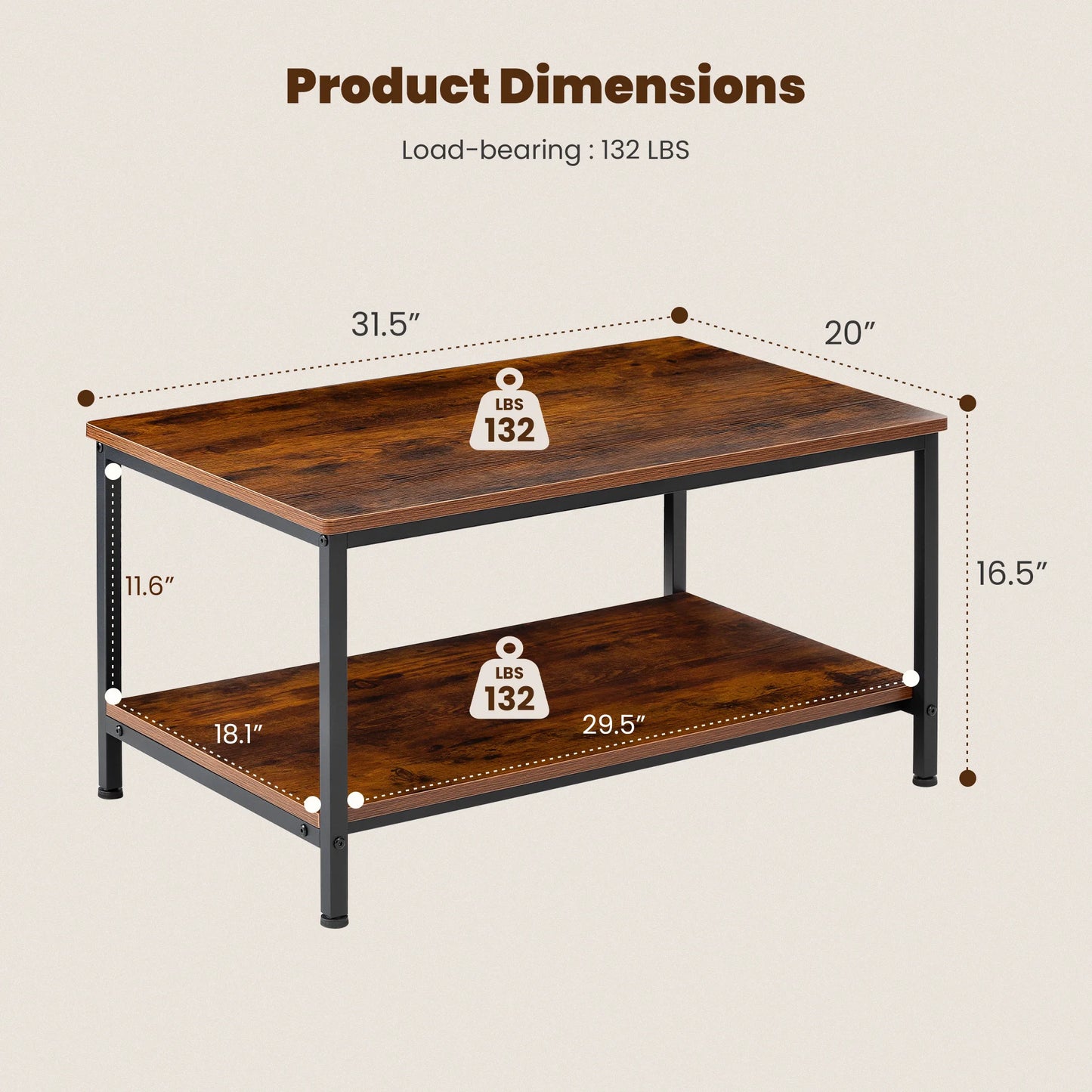 JHK Wood Coffee Table 2 Tier Center Storage Anti Slip