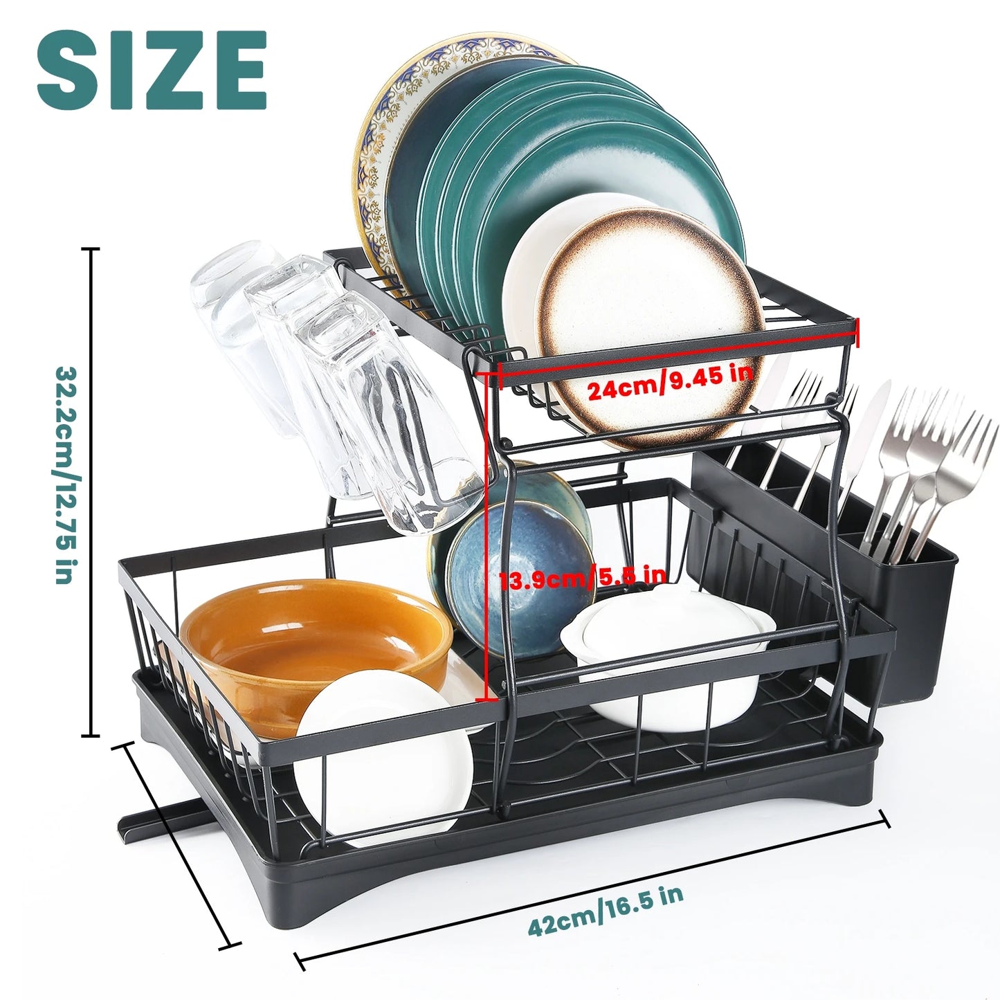 Two Tier Removable Dish Drying Rack For Kitchen Countertop