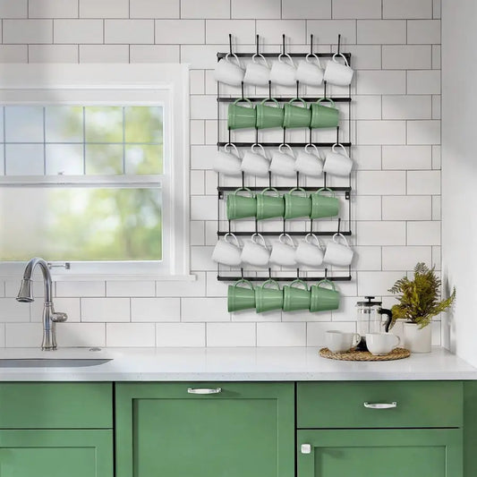 Wall Mounted Mug Rack 6 Tier 27 Hook Coffee Display