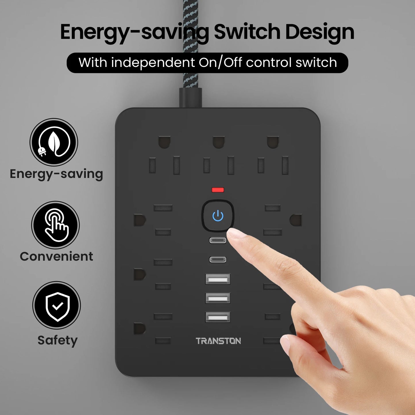 TRANSTON Strip With 9 AC Outlets And USB Surge Protector
