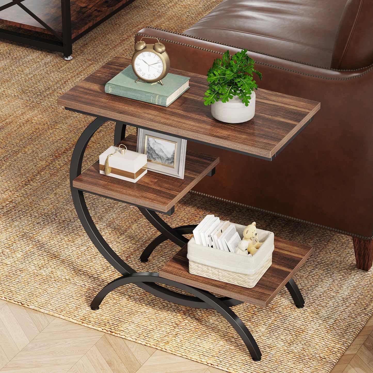 Tribesigns C Shaped End Table Industrial 3 Tier With Storage
