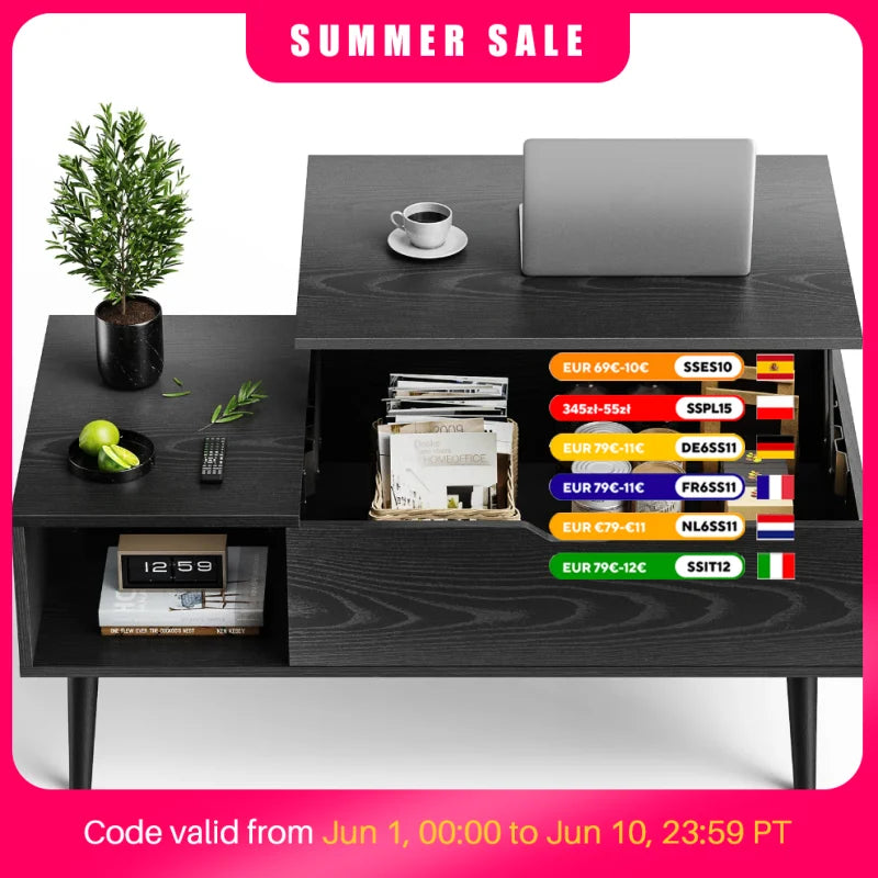JHK Lift Top Coffee Table With Storage Shelf For Living Room Wood
