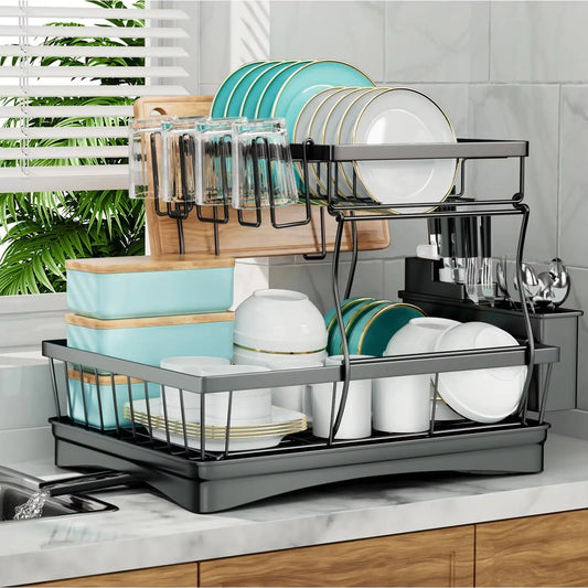 Two Tier Removable Dish Drying Rack For Kitchen Countertop