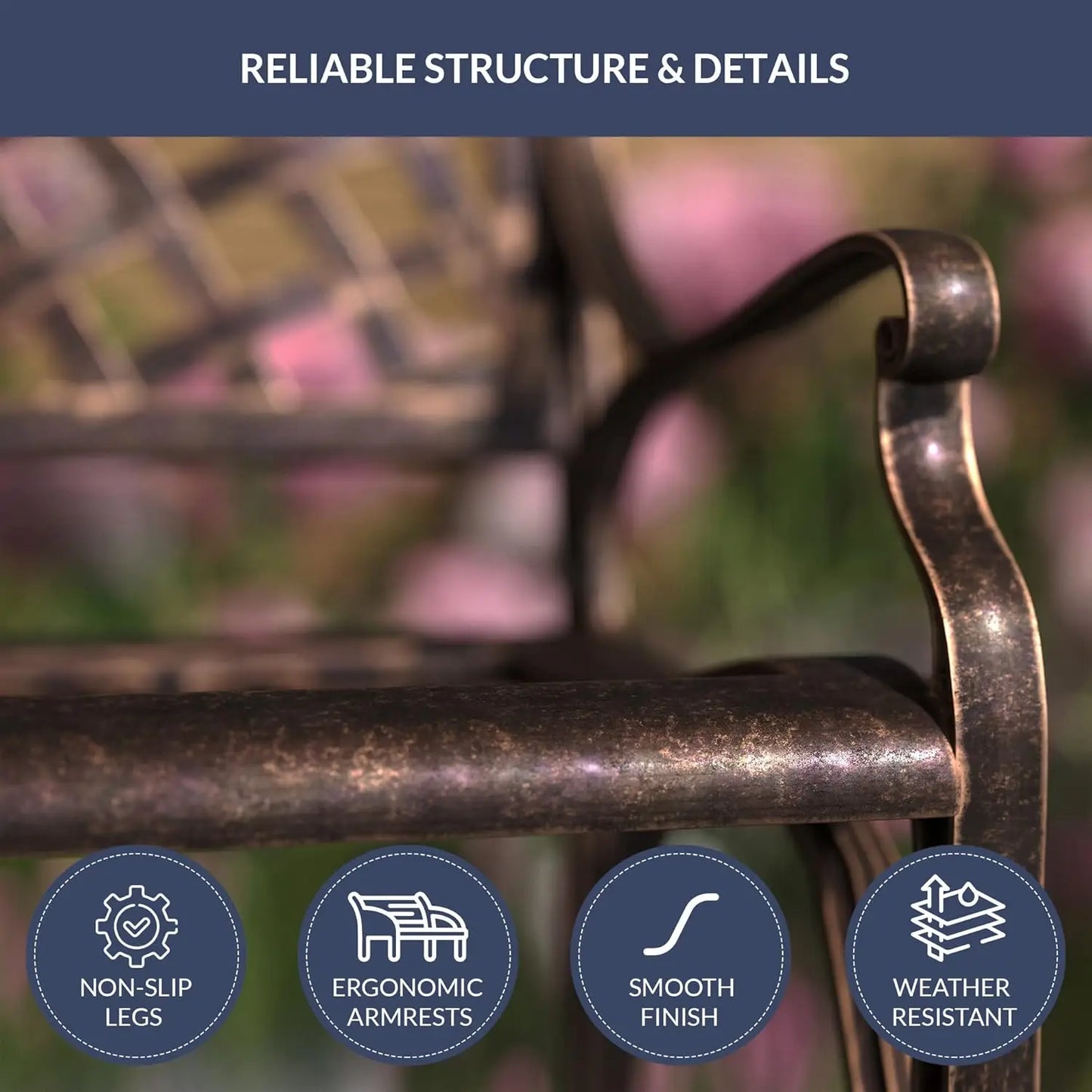 Cast Aluminum Outdoor Garden Bench With Armrests For Patio Yard