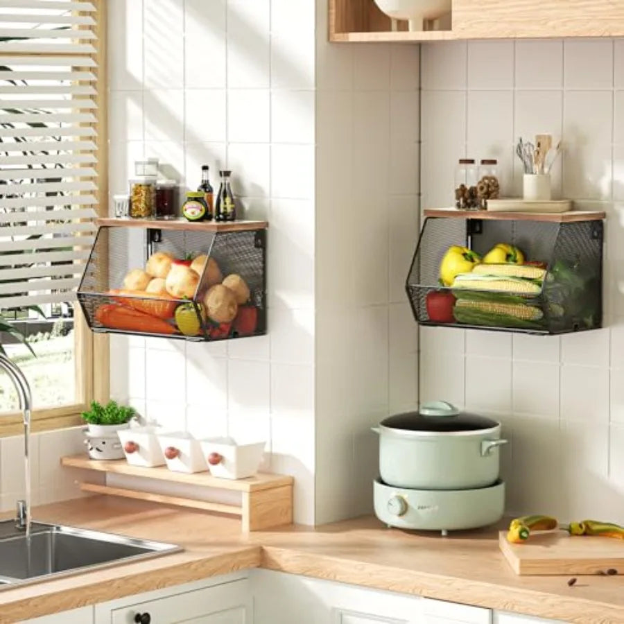 Stackable Fruit Basket With Wood Lid For Kitchen Countertop Storage