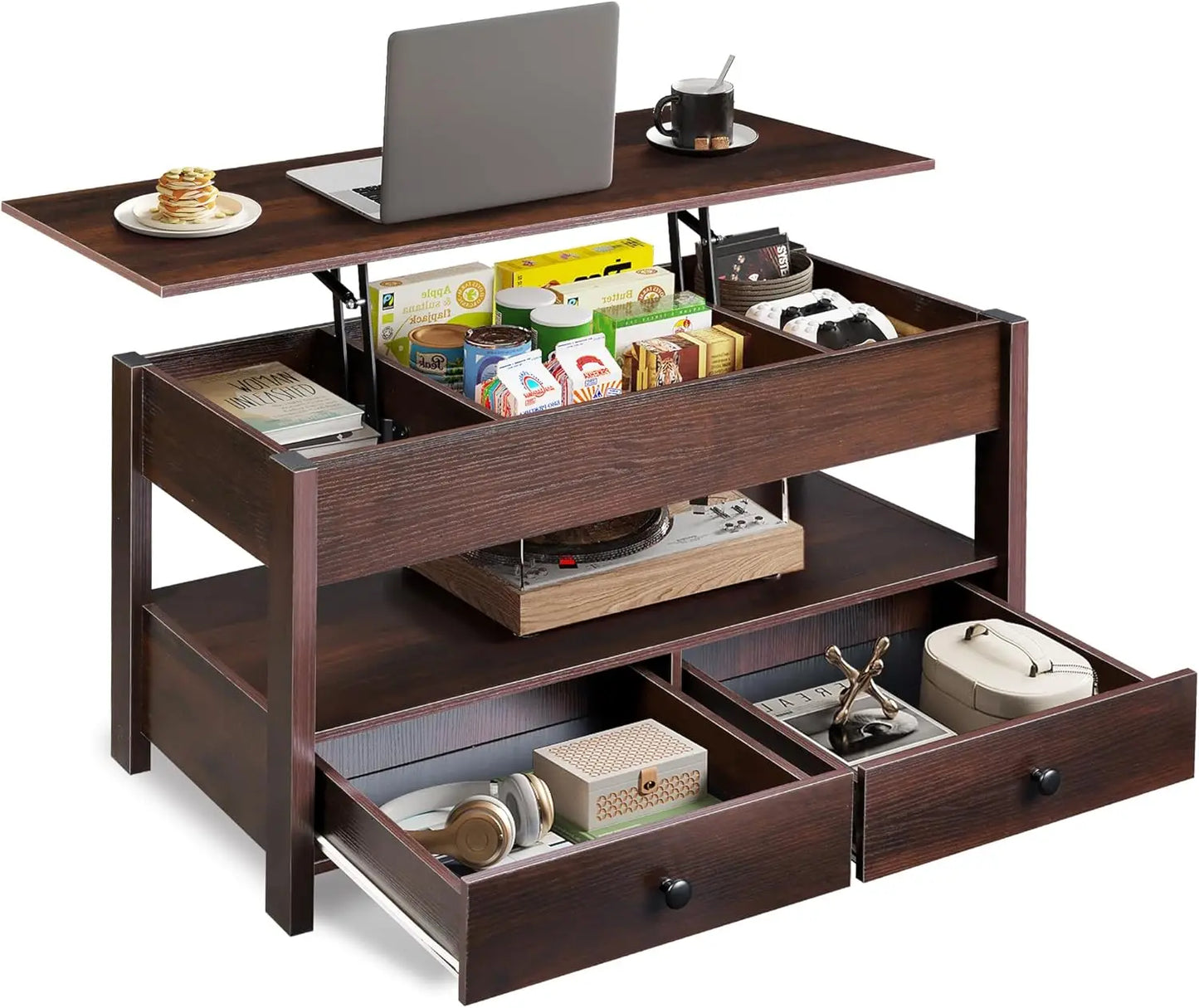 WLIVE Lift Top Coffee Table With 2 Drawers LED Light