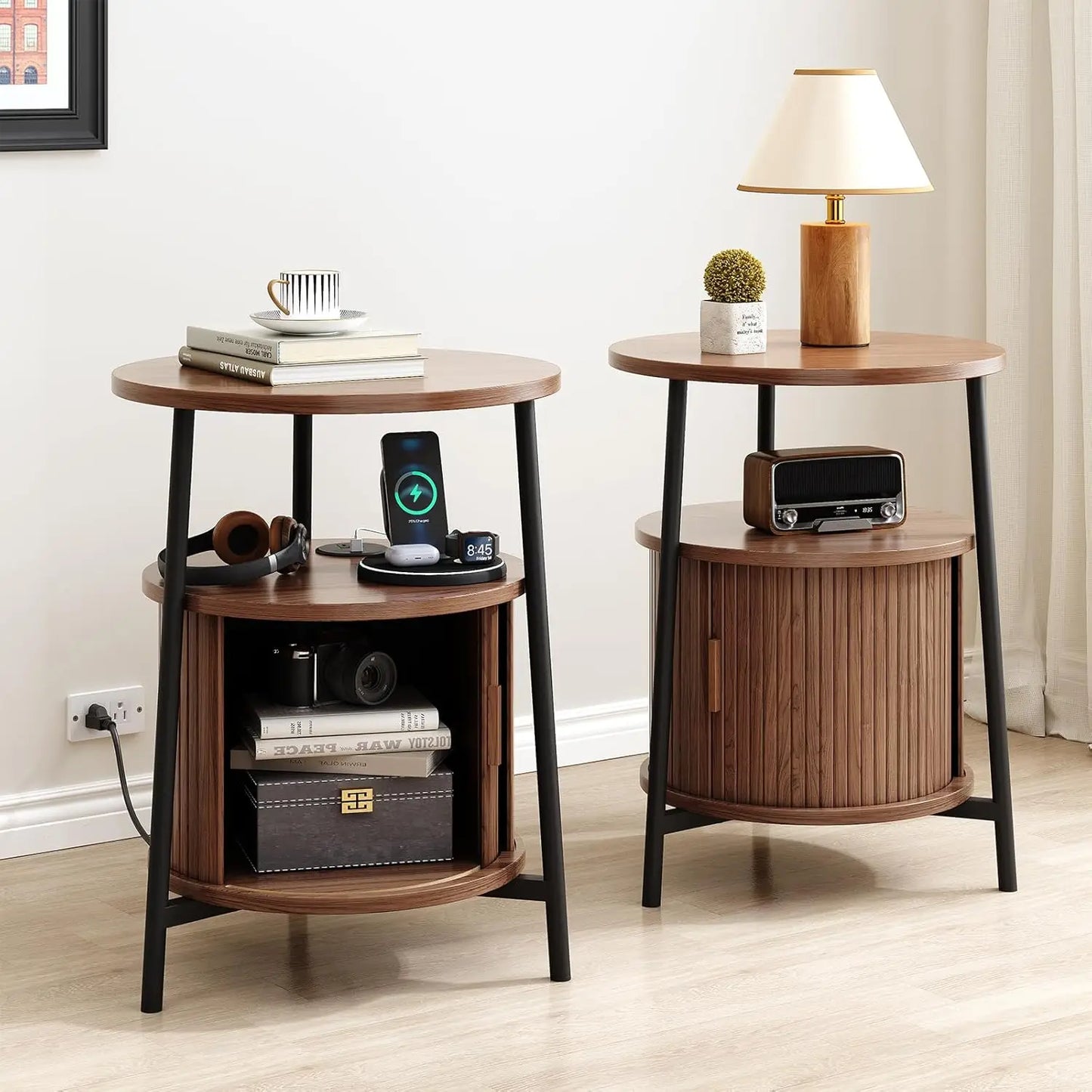 ONBRILL Fluted End Table Set Of 2 Mid Century Nightstands