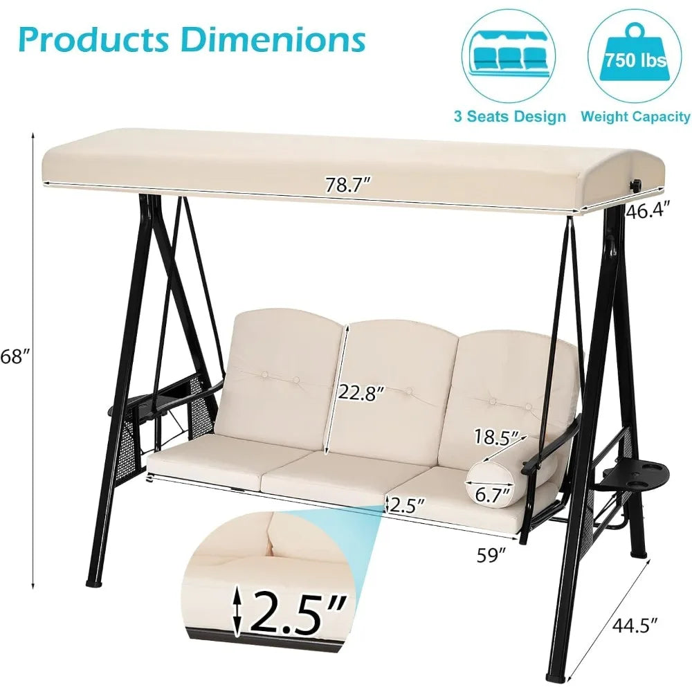 Outdoor Porch Swing With Adjustable Canopy For Patio Garden