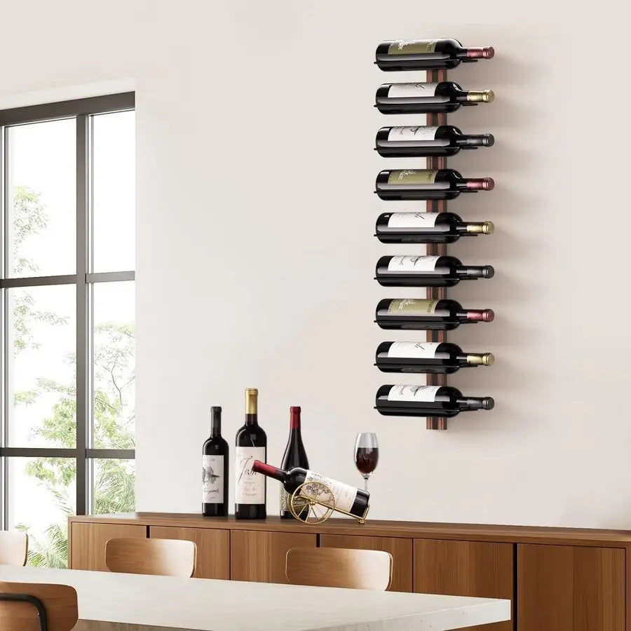 Wall Mounted Wine Rack For Nine Bottles Sturdy Wood Iron