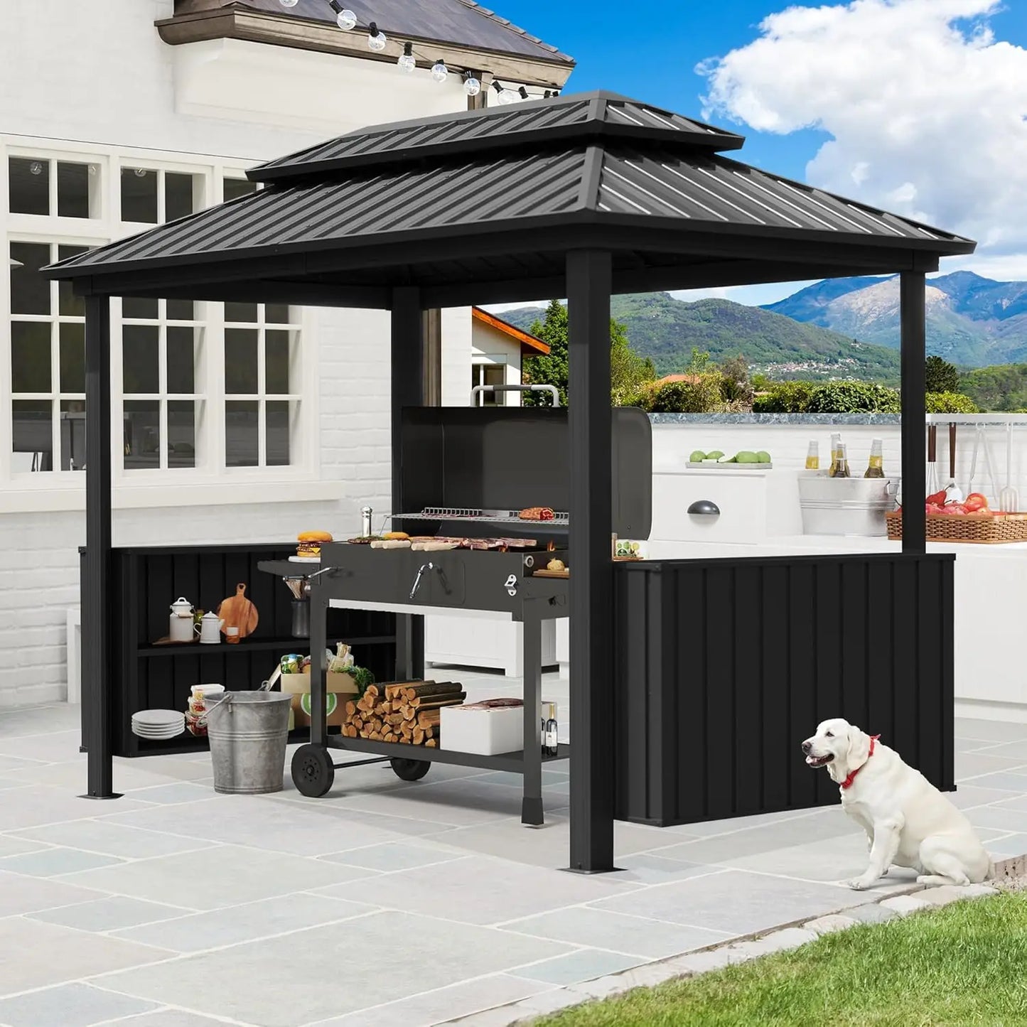Galvanized Steel Grill Gazebo With Double Roof And Storage Cabinets