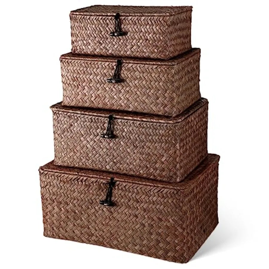 Wicker Baskets With Lids Natural Seagrass Storage Bins