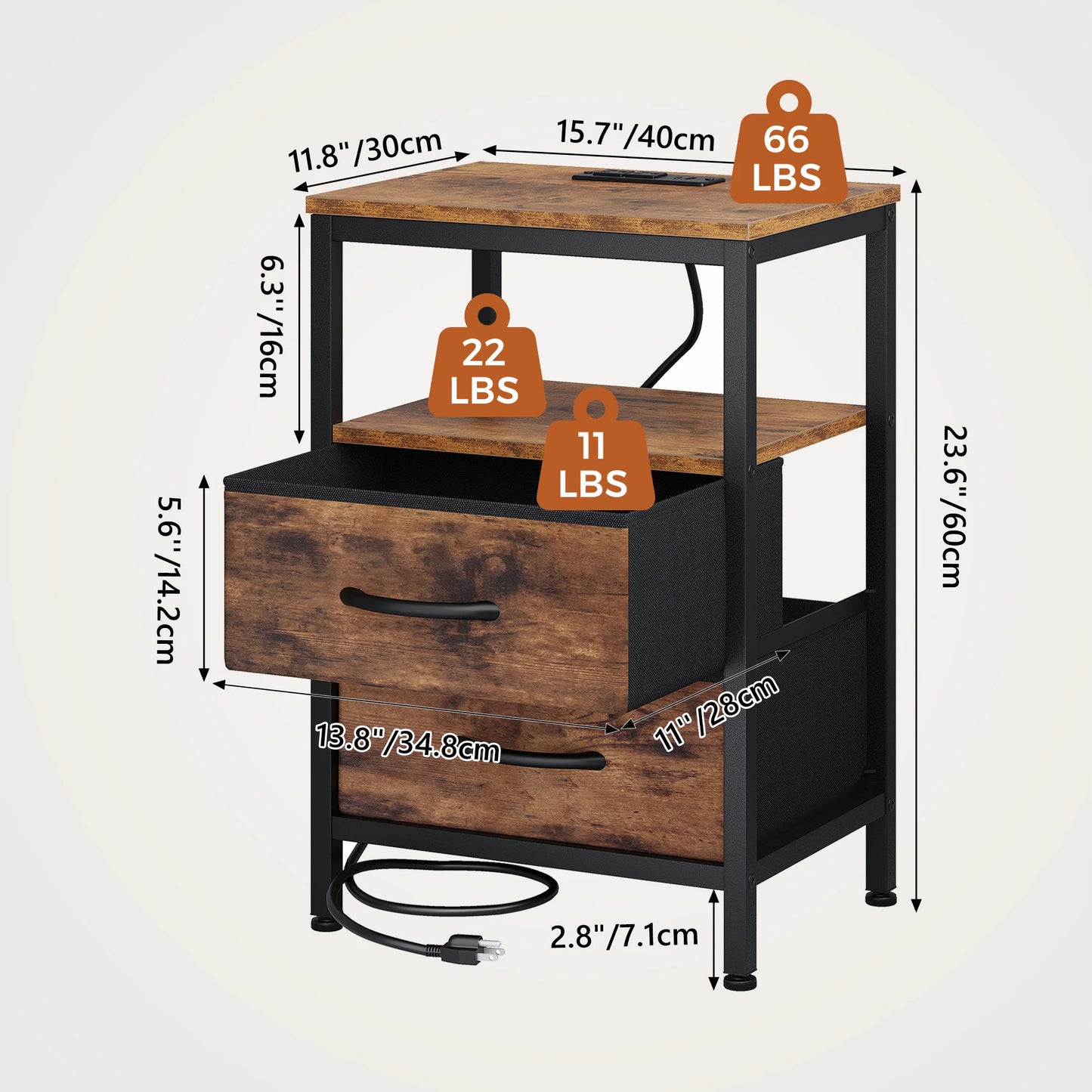 JHK Fabric Drawers Nightstands Pair With USB Ports Charging Station