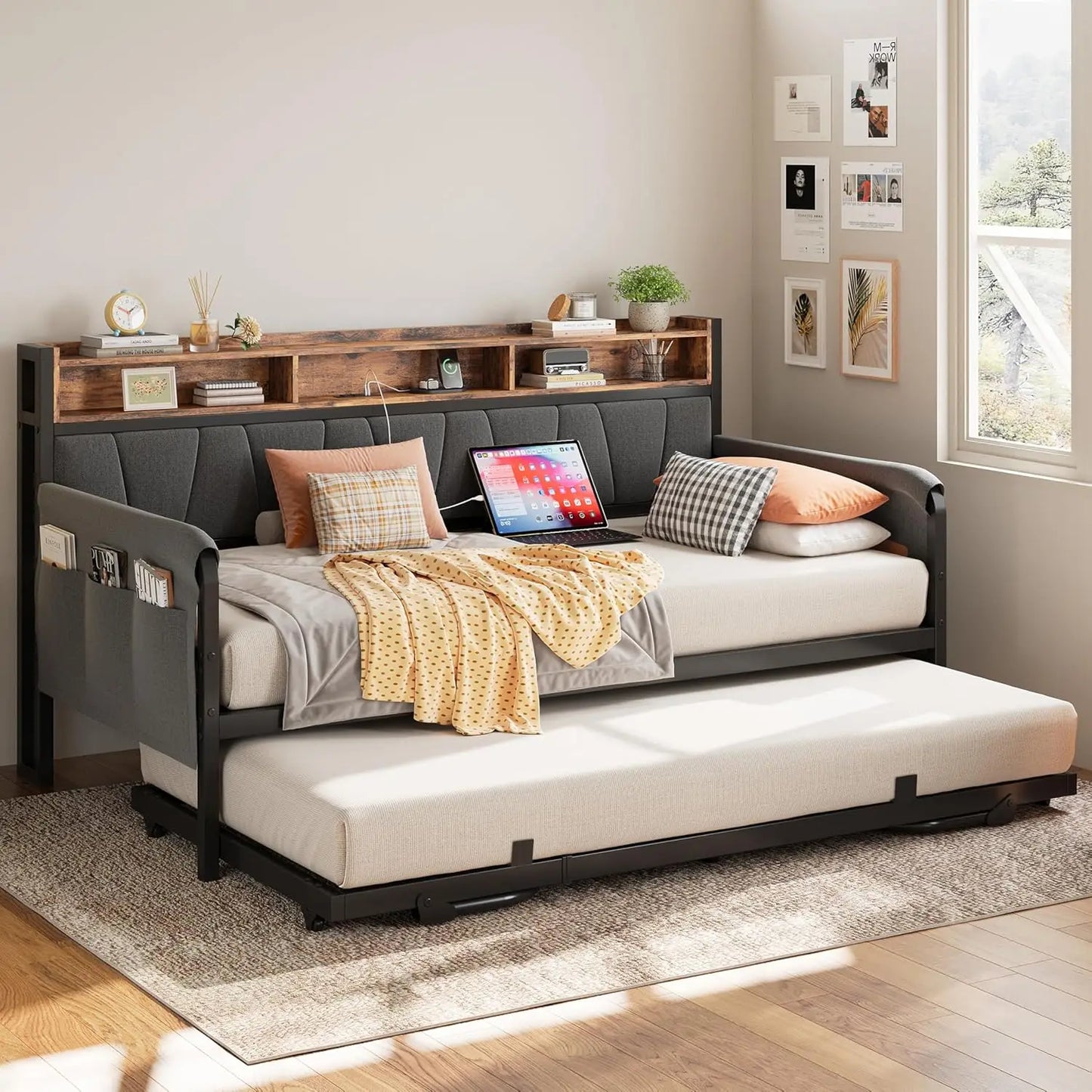 LIKIMIO Daybed With Trundle Upholstered Storage Headboard And Charging Station