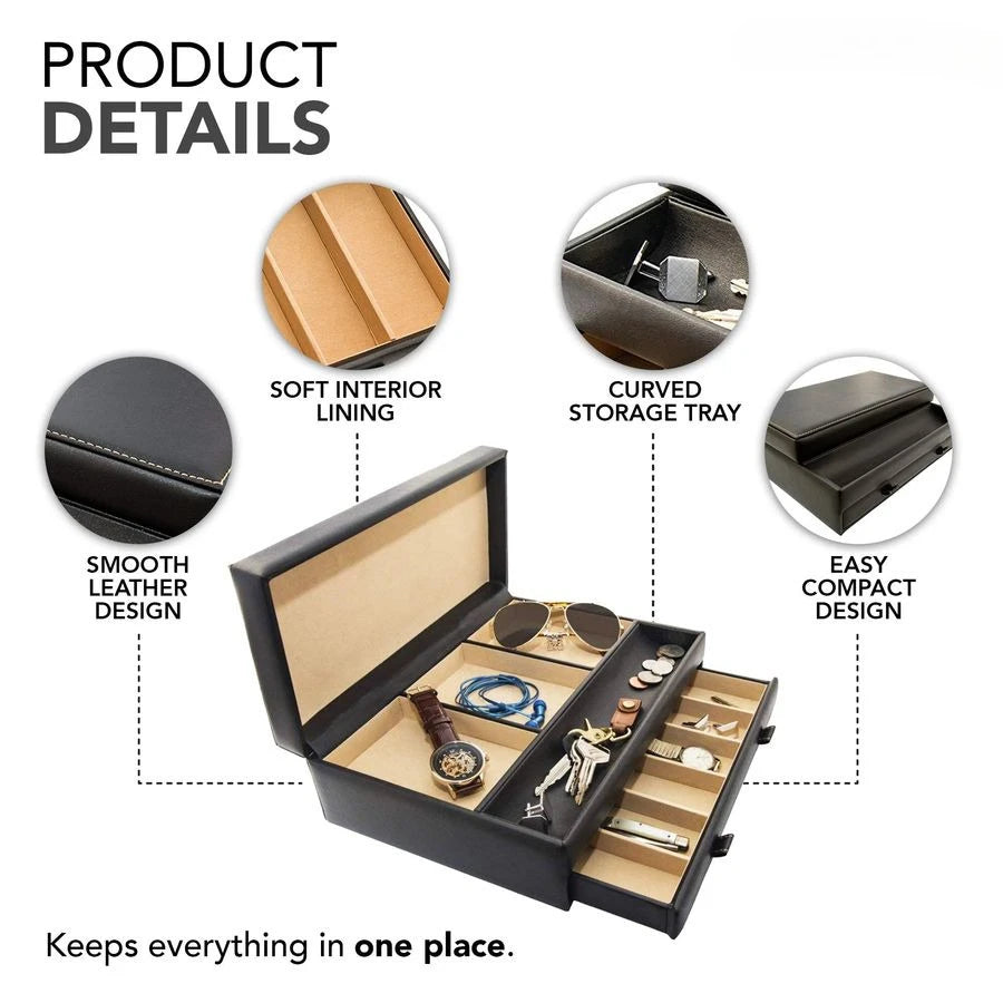 Mens Valet Tray And Jewelry Box Nightstand Organizer In Faux Leather